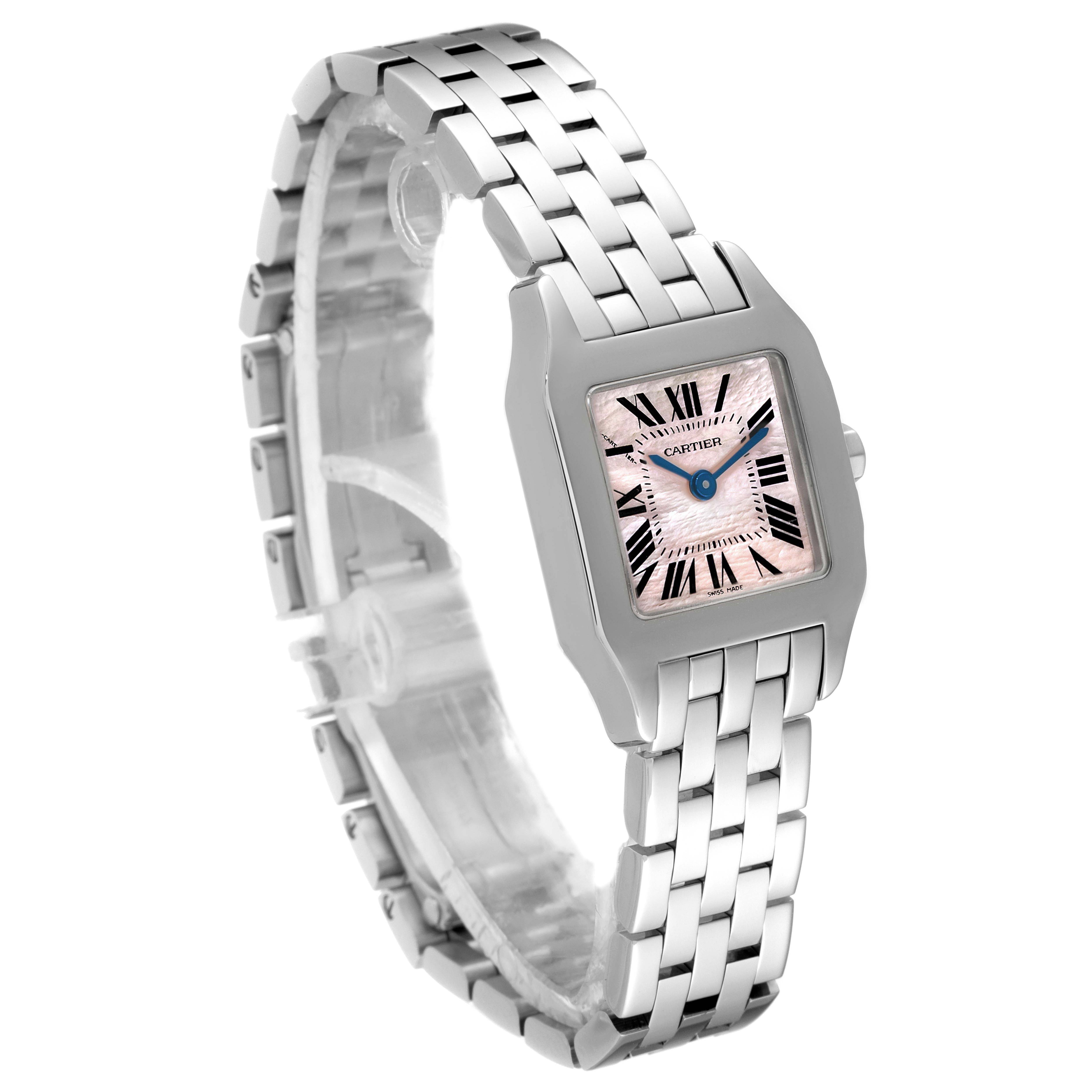 The image shows a Santos Demoiselle by Cartier watch at a 45-degree angle, highlighting the face, bezel, and bracelet.