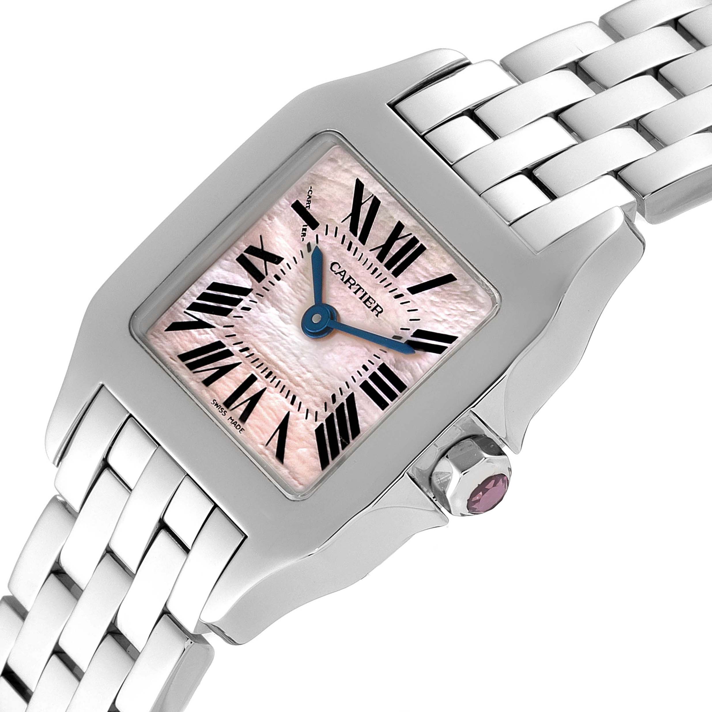 The image shows a close-up of the Cartier Santos Demoiselle W25075Z5 Women's Stainless Steel Mother of Pearl Dial W25075Z5 Women's Stainless Steel Mother of Pearl Dial watch, highlighting its face, crown, and part of the bracelet.