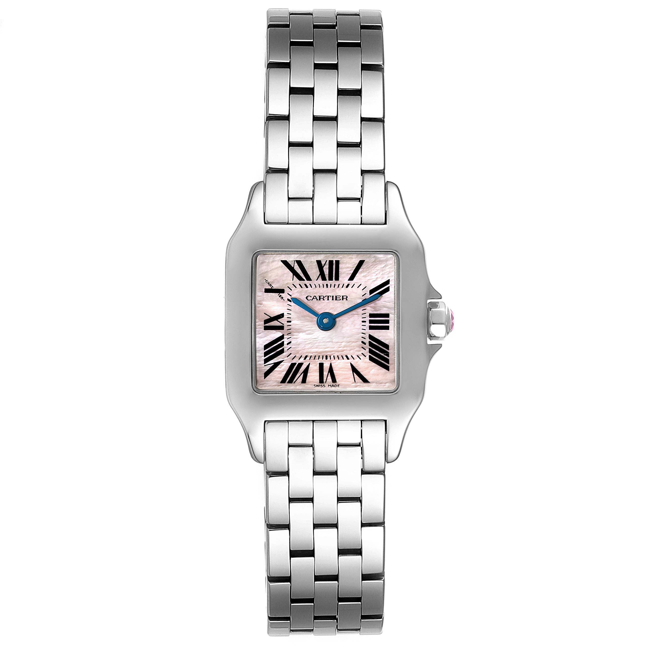 This image shows a Cartier Santos Demoiselle W25075Z5 Women's Stainless Steel Mother of Pearl Dial W25075Z5 Women's Stainless Steel Mother of Pearl Dial watch from a top-down angle, displaying its face, bracelet, and crown.
