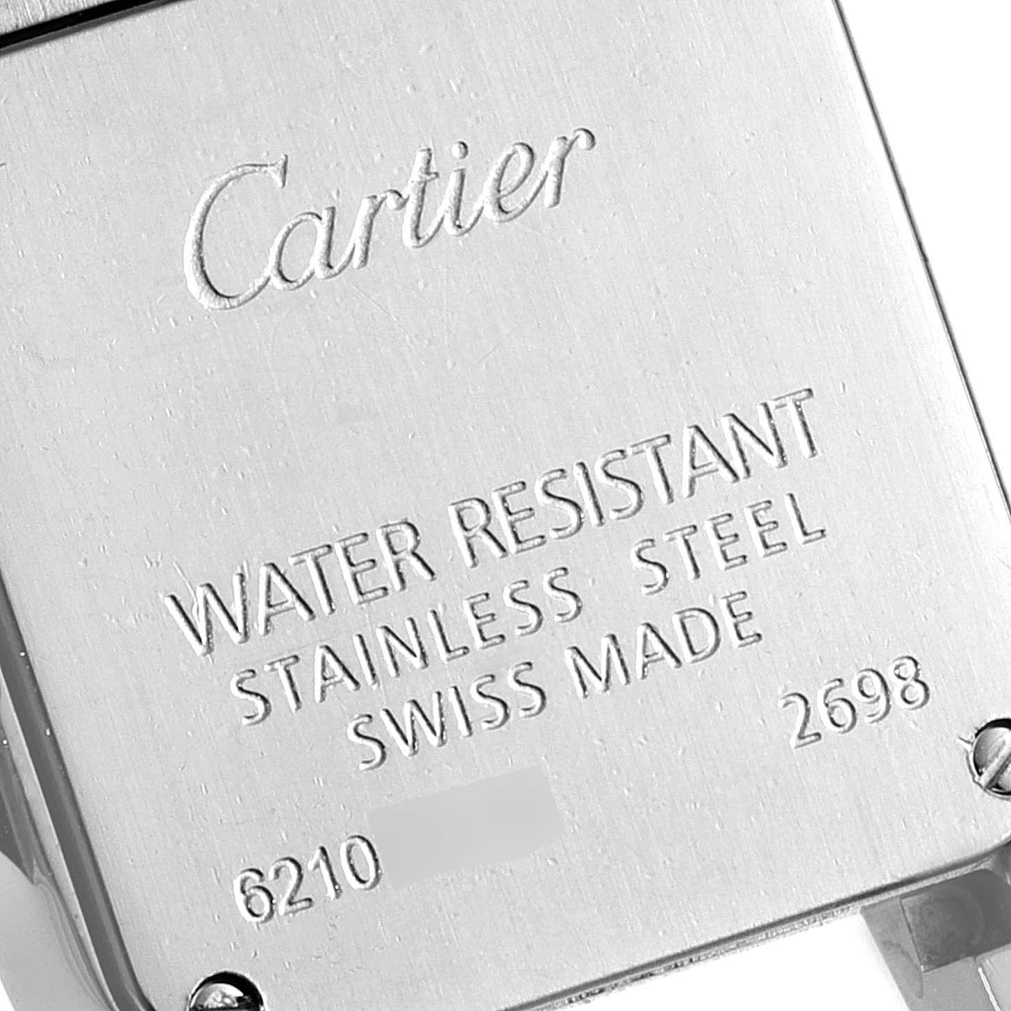 This image shows the case back of the Cartier Santos Demoiselle W25075Z5 Women's Stainless Steel Mother of Pearl Dial W25075Z5 Women's Stainless Steel Mother of Pearl Dial watch, highlighting its engravings and water-resistance details.