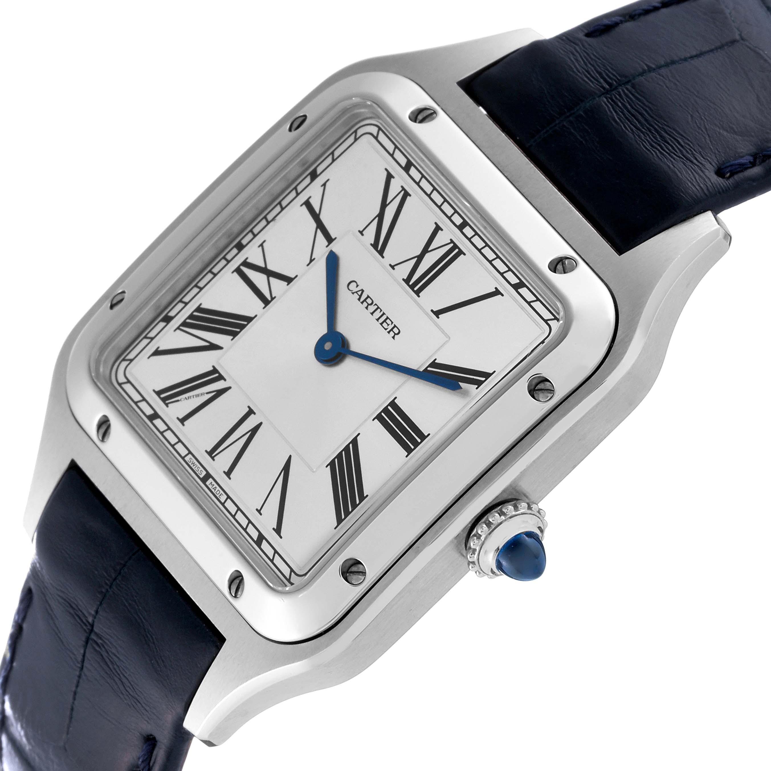 The Cartier Santos Dumont WSSA0022 Men's Stainless Steel Silver Dial WSSA0022 Men's Stainless Steel Silver Dial watch is shown at an angle highlighting its face, crown, and part of the strap.