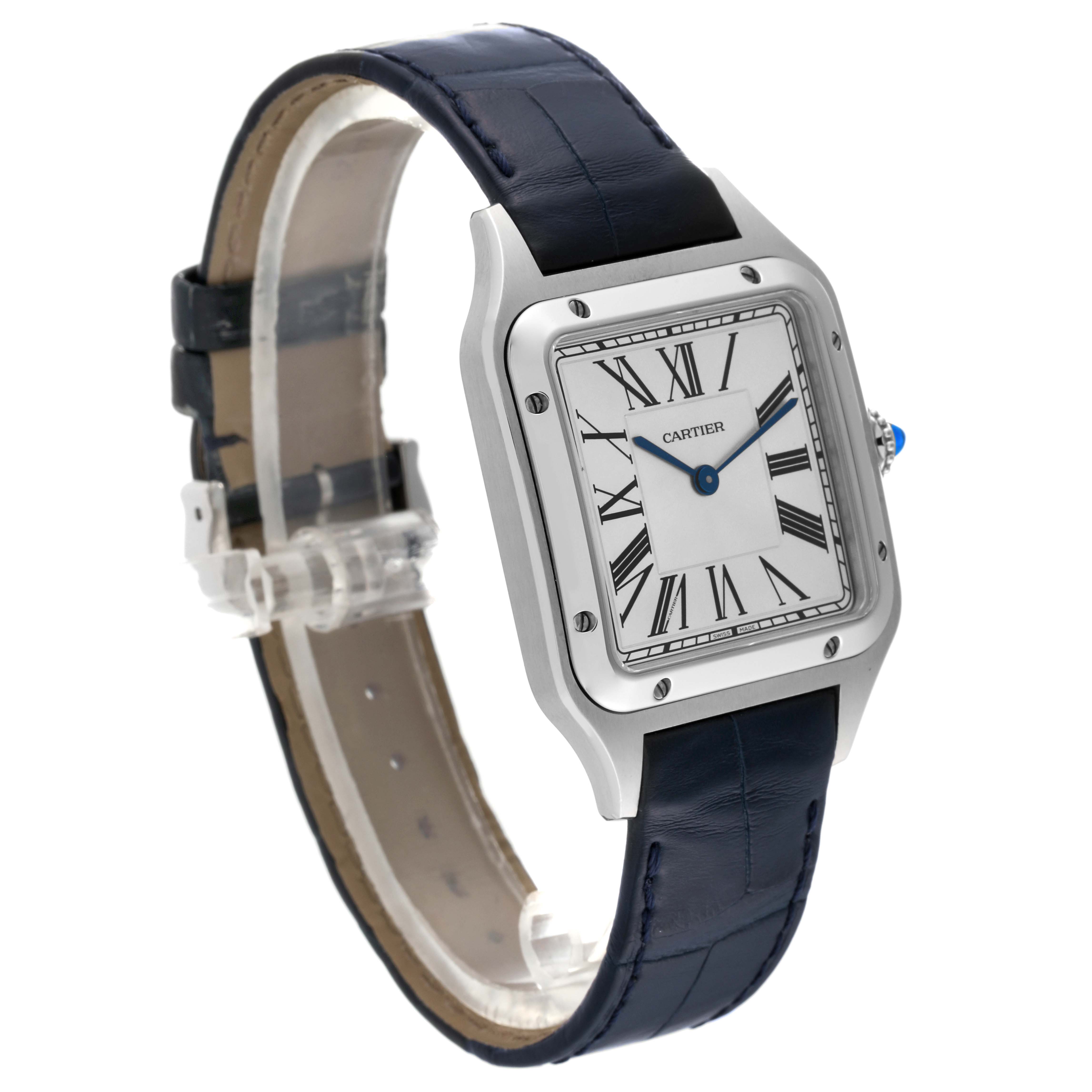 The image shows a Santos Dumont model by Cartier from a side angle, highlighting the watch face, case, and strap.