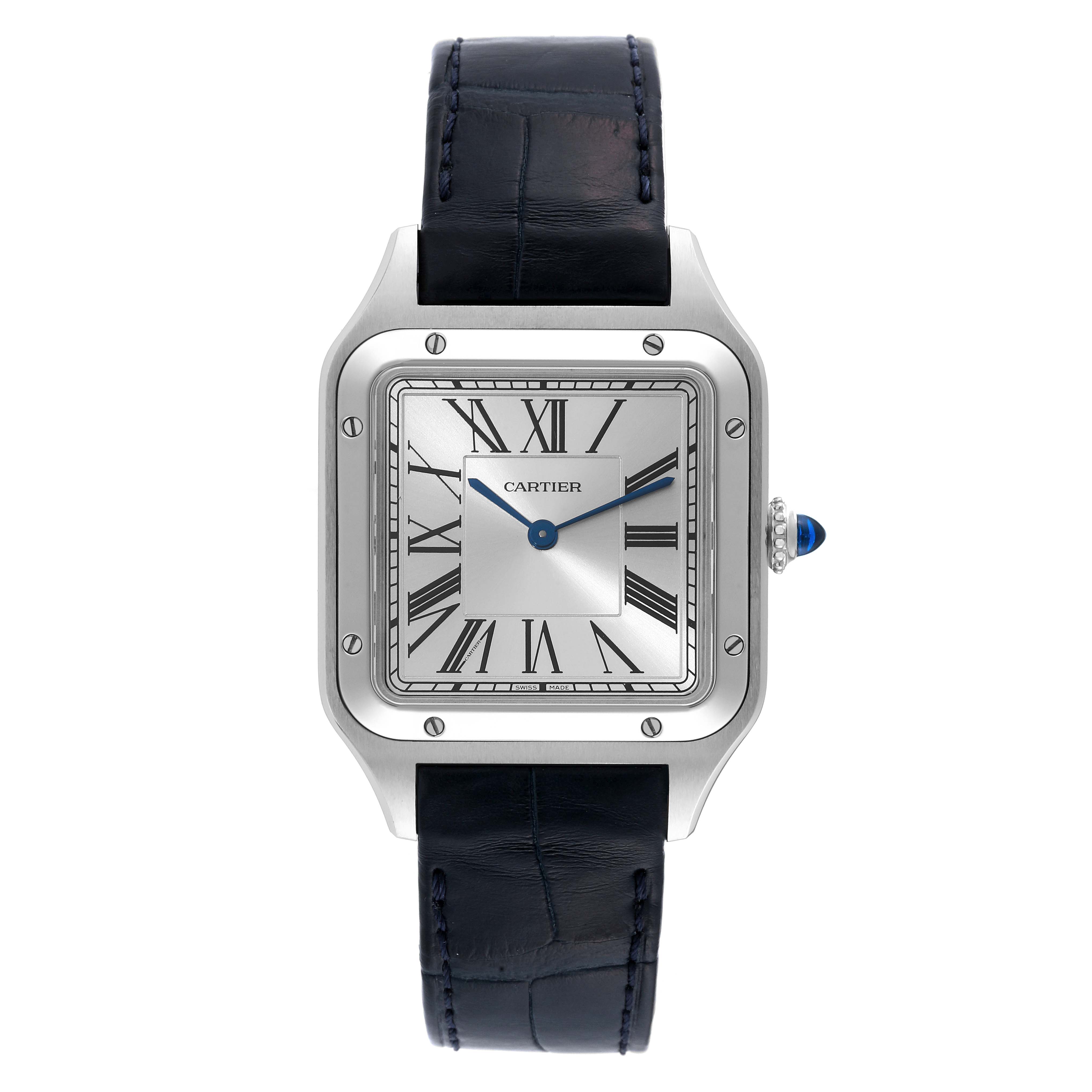 The image shows a front view of the Cartier Santos Dumont WSSA0022 Men's Stainless Steel Silver Dial WSSA0022 Men's Stainless Steel Silver Dial watch, highlighting its square face, Roman numerals, and leather strap.