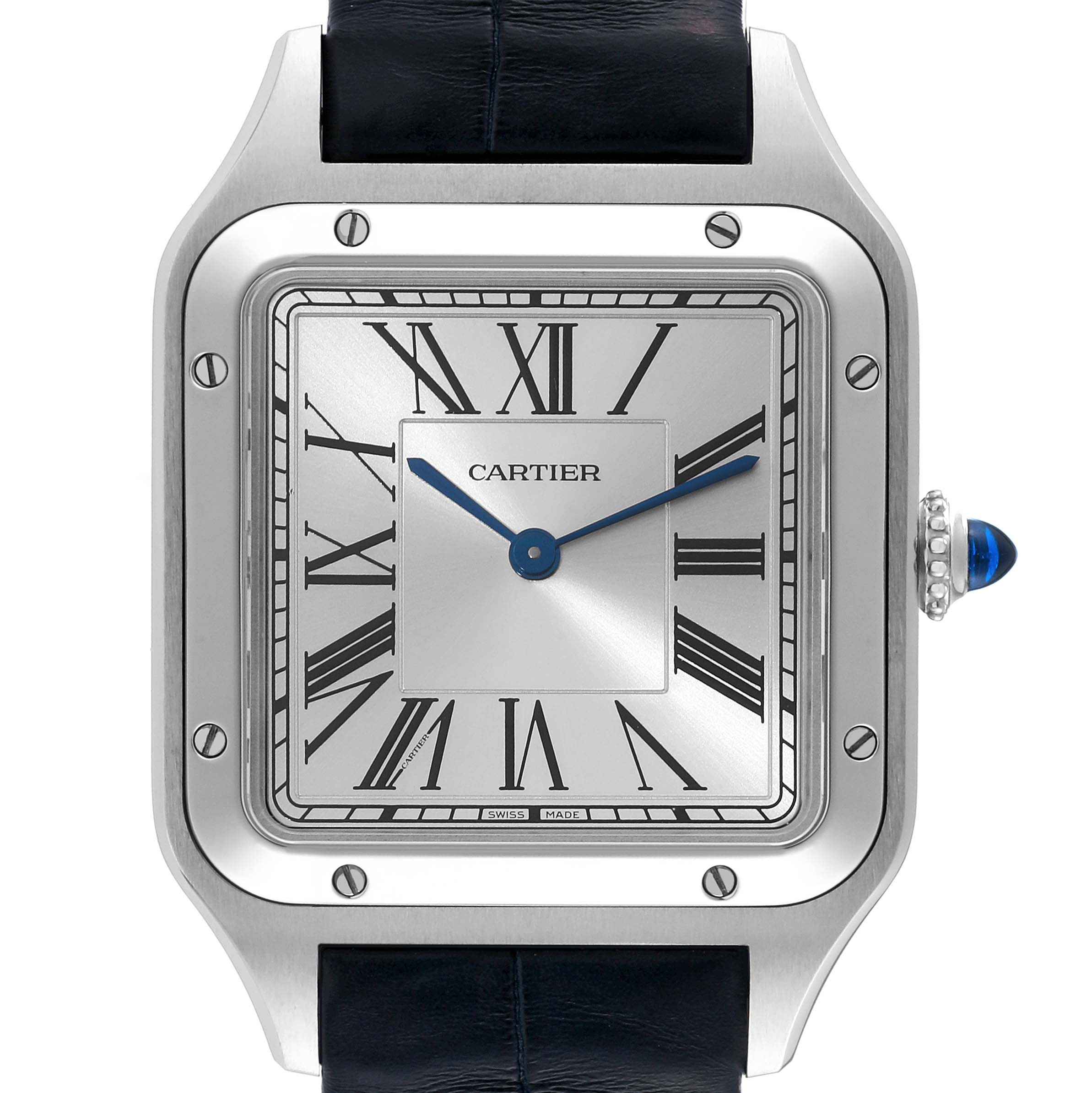 The image shows a close-up view of the dial and bezel of the Cartier Santos Dumont WSSA0022 Men's Stainless Steel Silver Dial WSSA0022 Men's Stainless Steel Silver Dial watch, featuring Roman numerals and a blue cabochon crown.