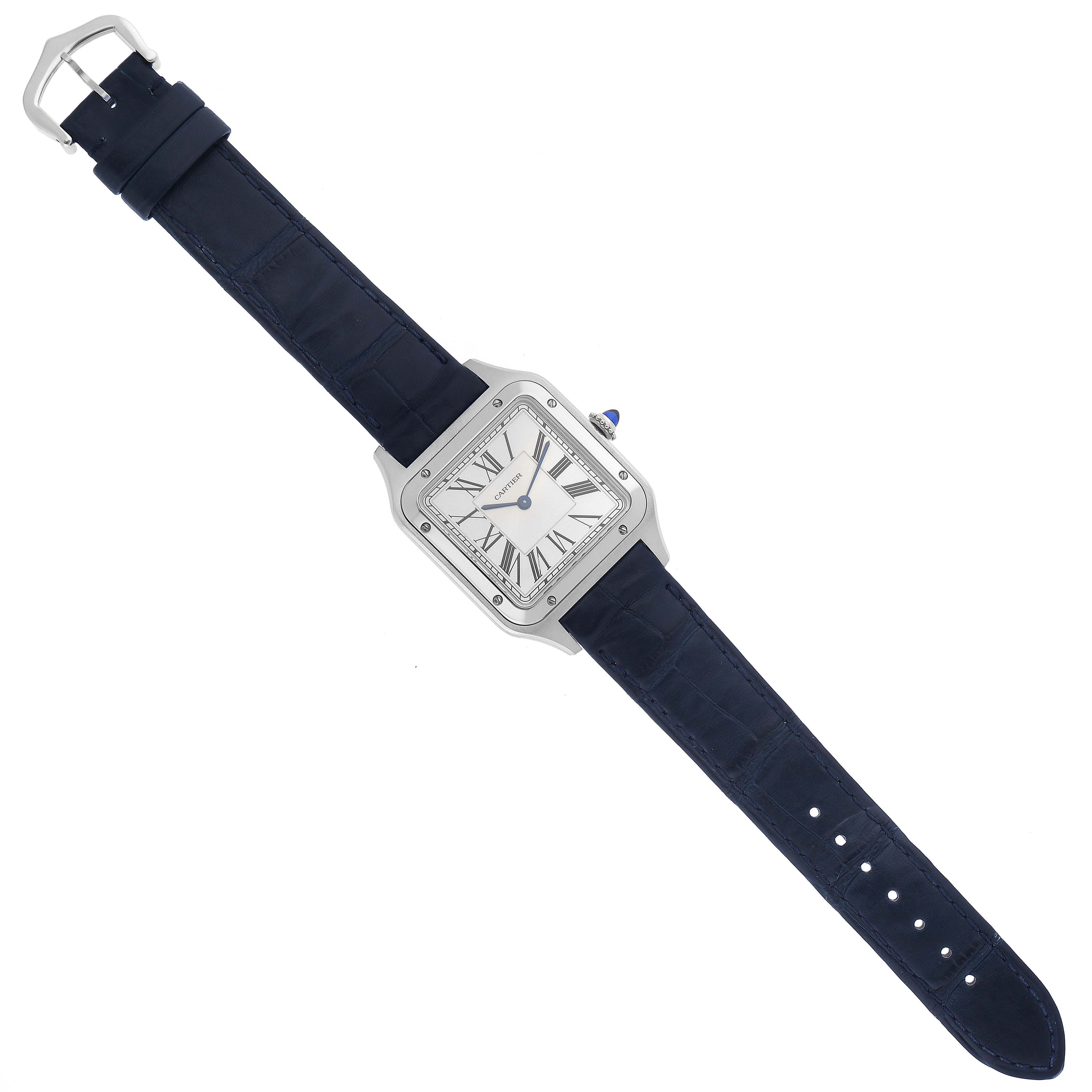 The Cartier Santos Dumont WSSA0022 Men's Stainless Steel Silver Dial WSSA0022 Men's Stainless Steel Silver Dial watch is shown from a top-down angle, displaying the face, case, crown, and strap.