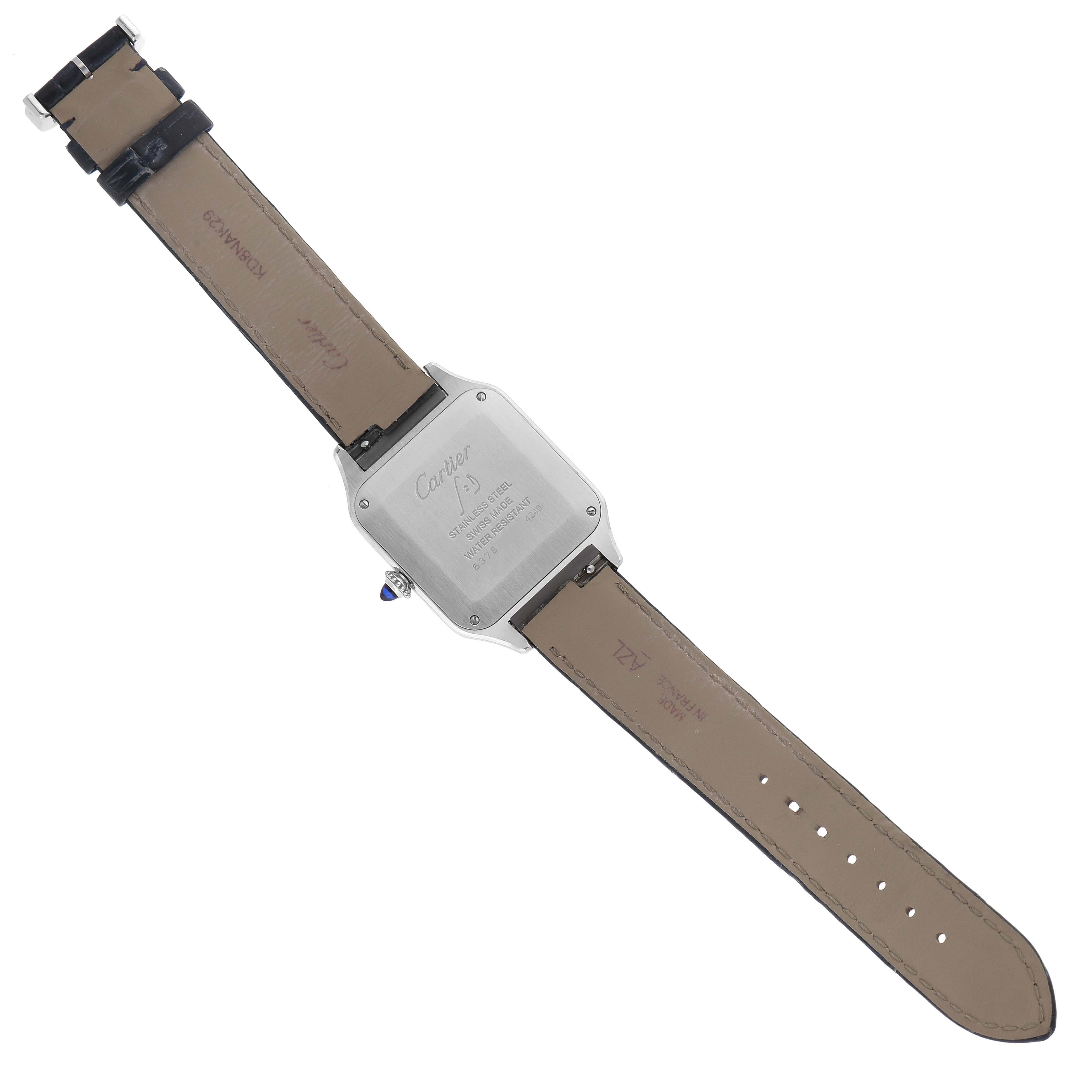 This image shows the back view of a Santos Dumont watch by Cartier, displaying the strap and case back.