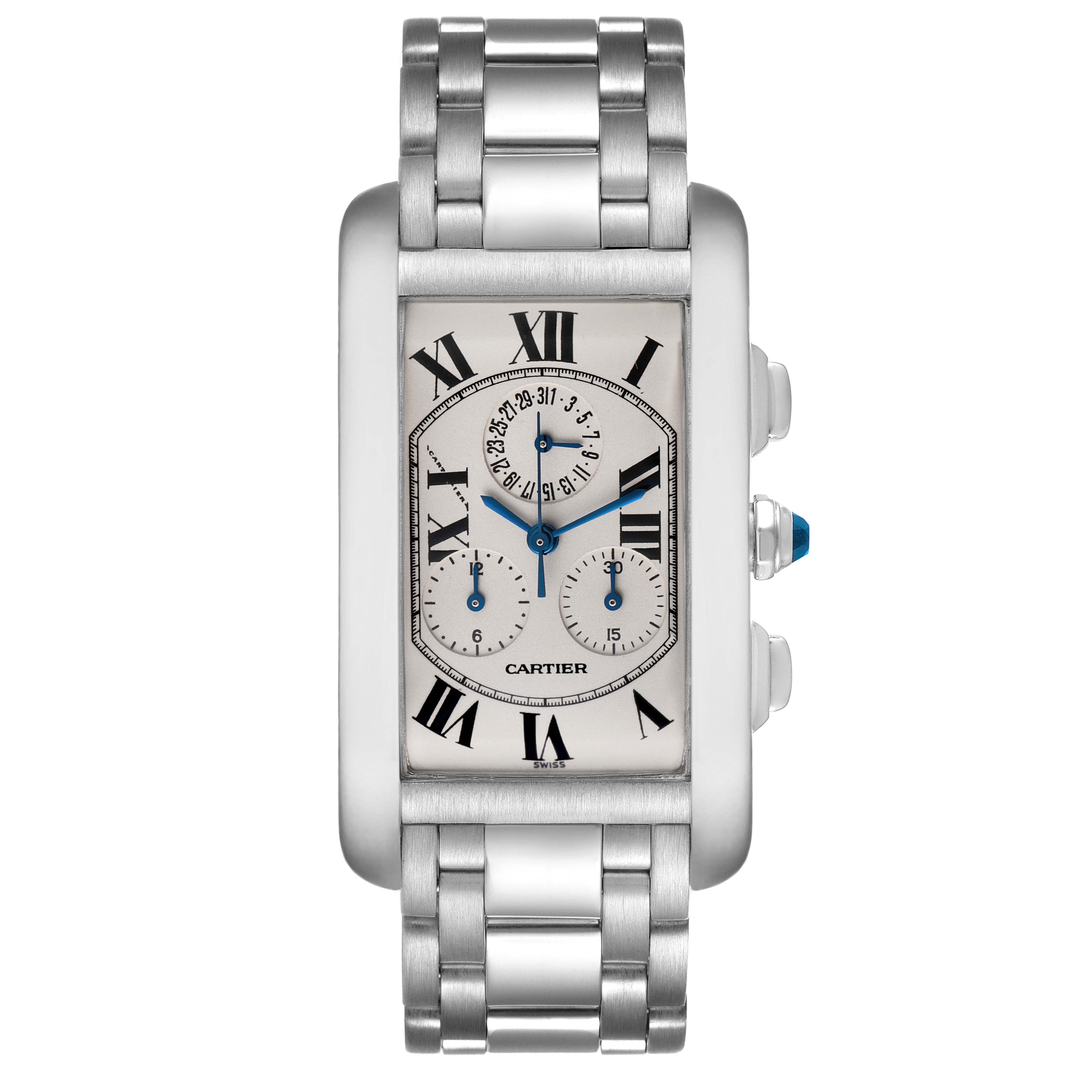 The image shows a front view of a Cartier Tank Américaine watch, highlighting its rectangular face, bracelet, and crown.