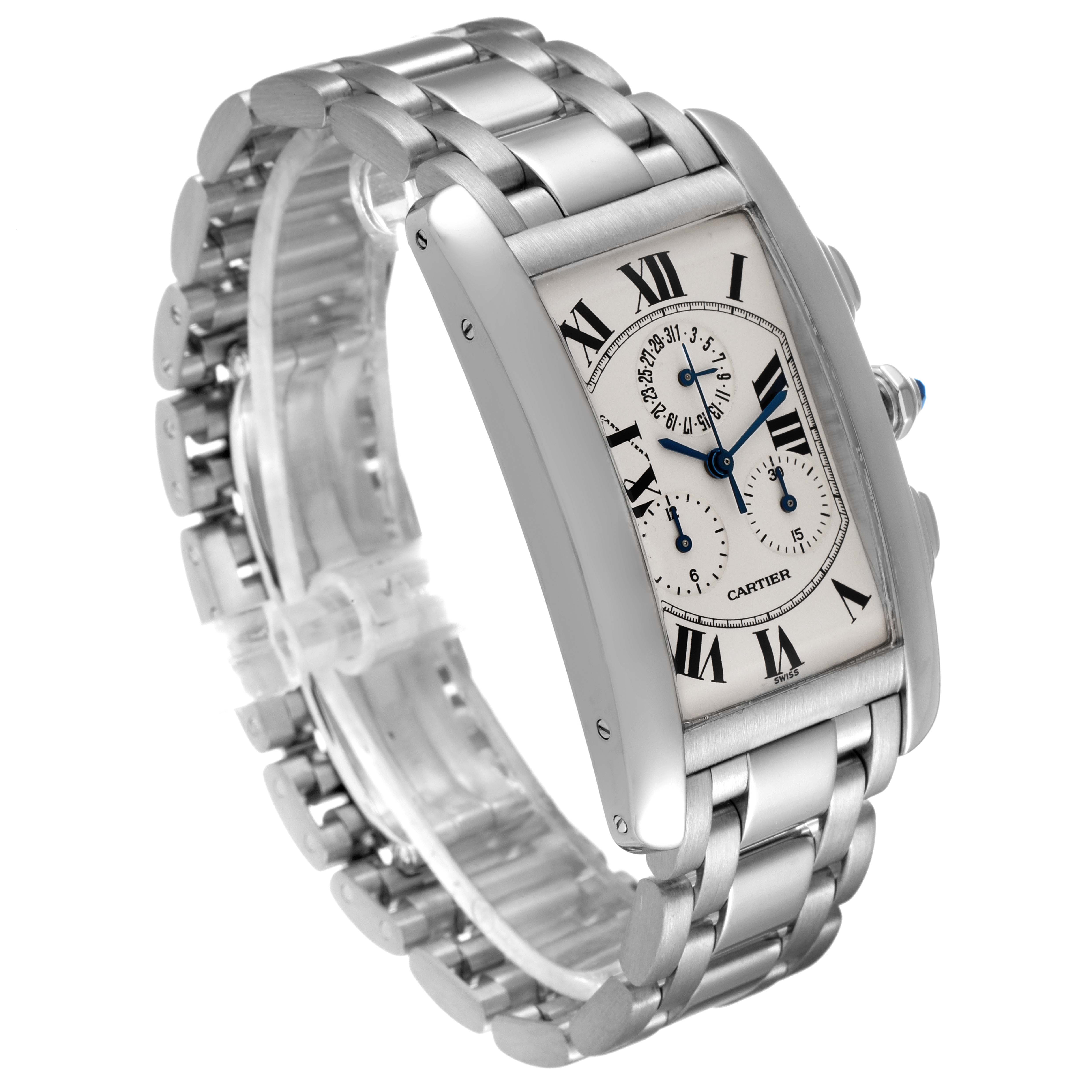 The Cartier Tank Americaine W26033L1 Men's White Gold Silver Dial W26033L1 Men's White Gold Silver Dial watch is shown at an oblique angle displaying its face, Roman numerals, and metal bracelet band.
