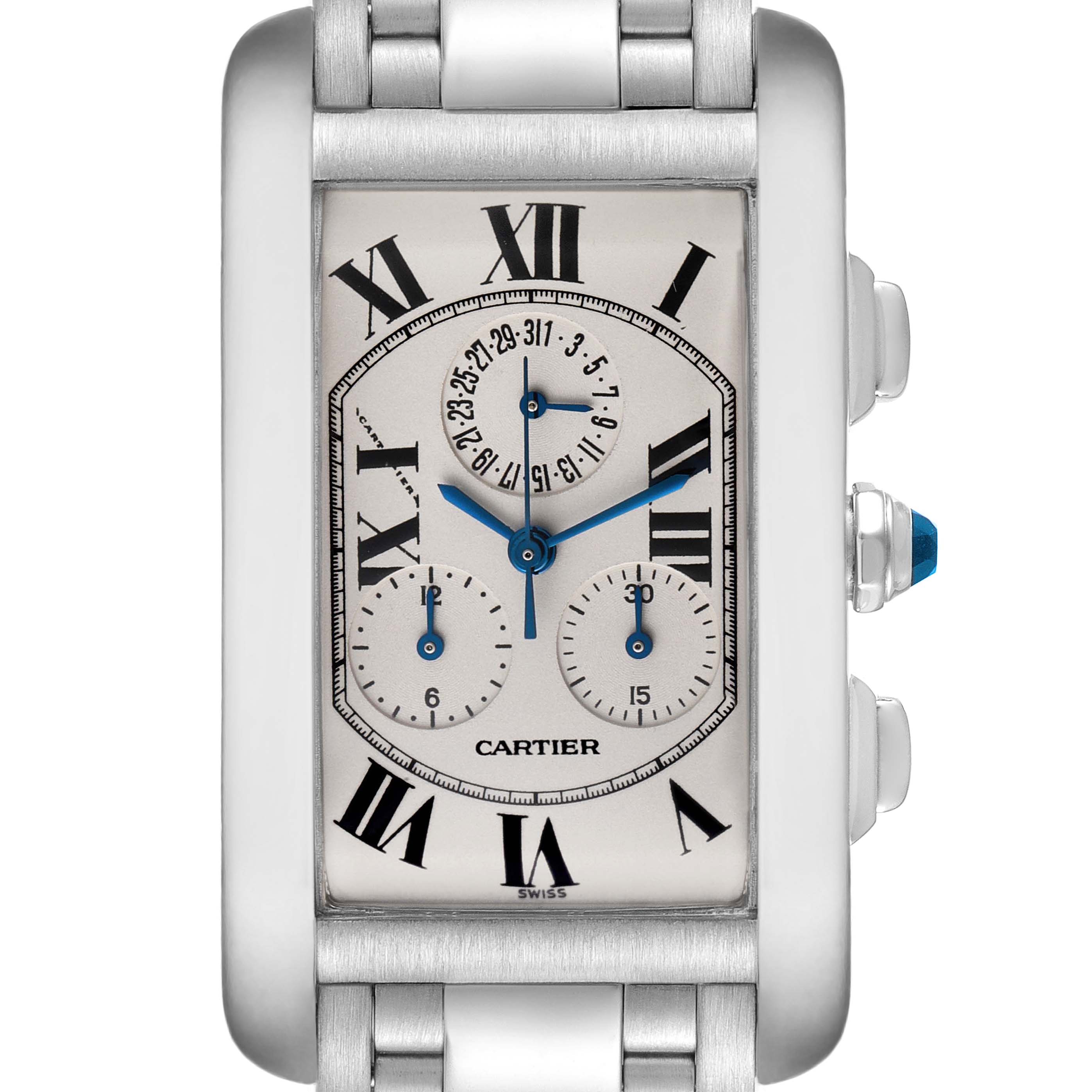 The image shows a frontal view of the Cartier Tank Americaine W26033L1 Men's White Gold Silver Dial W26033L1 Men's White Gold Silver Dial watch, highlighting its rectangular dial, Roman numerals, and metal bracelet.