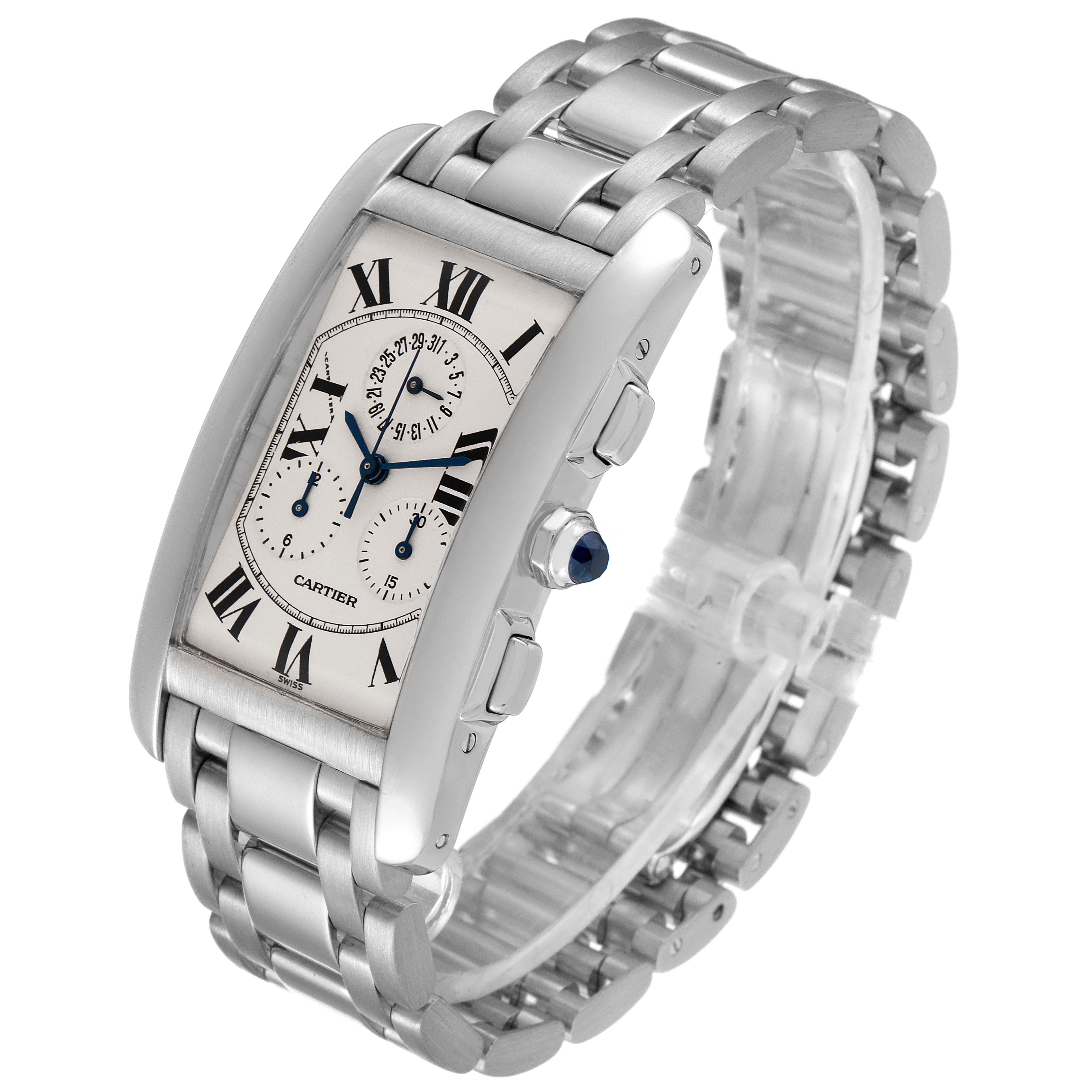 This image shows the front and right side of the Cartier Tank Américaine watch, highlighting the bracelet and crown.