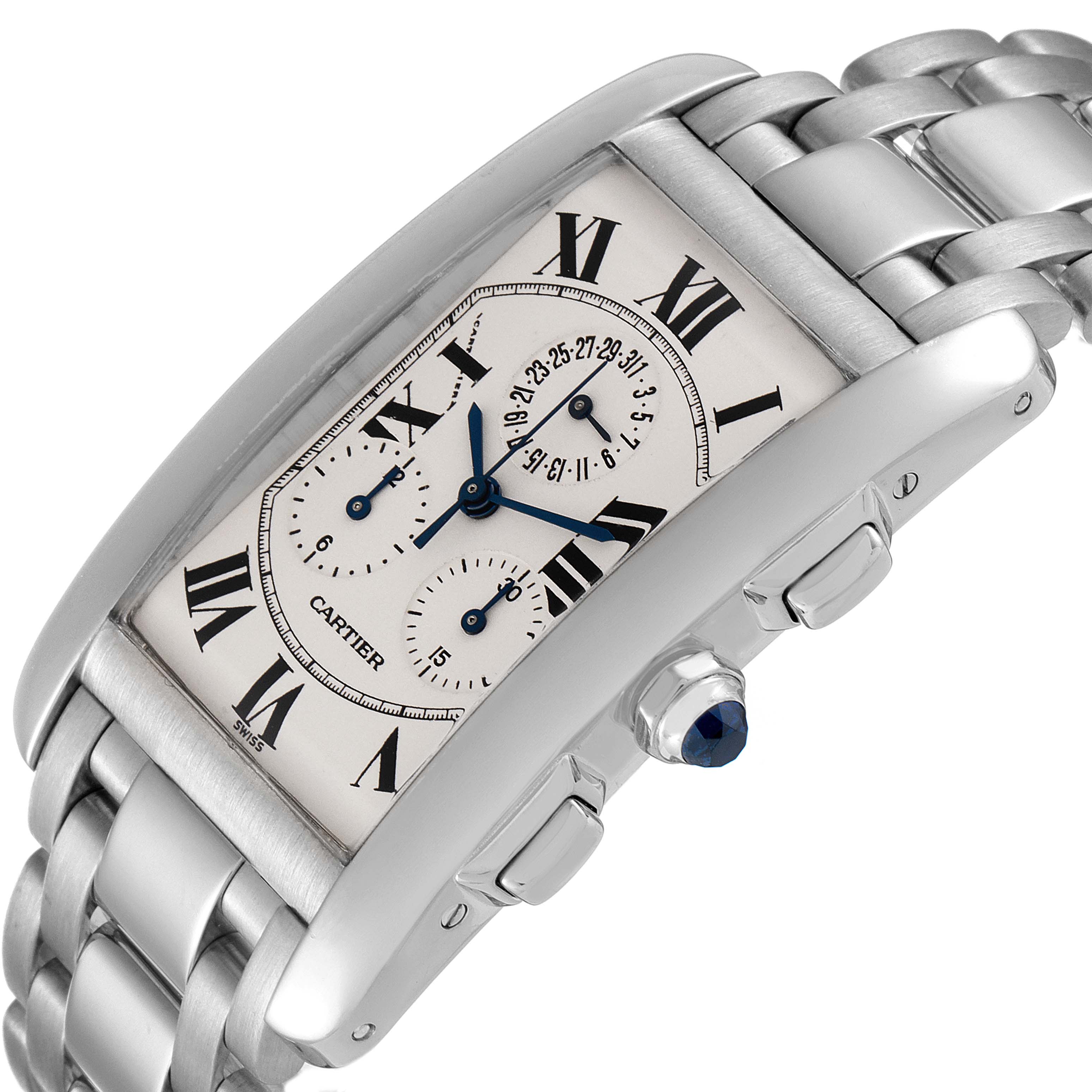 This image shows a Cartier Tank Américaine watch at an angle that highlights the face, bezel, crown, and bracelet.