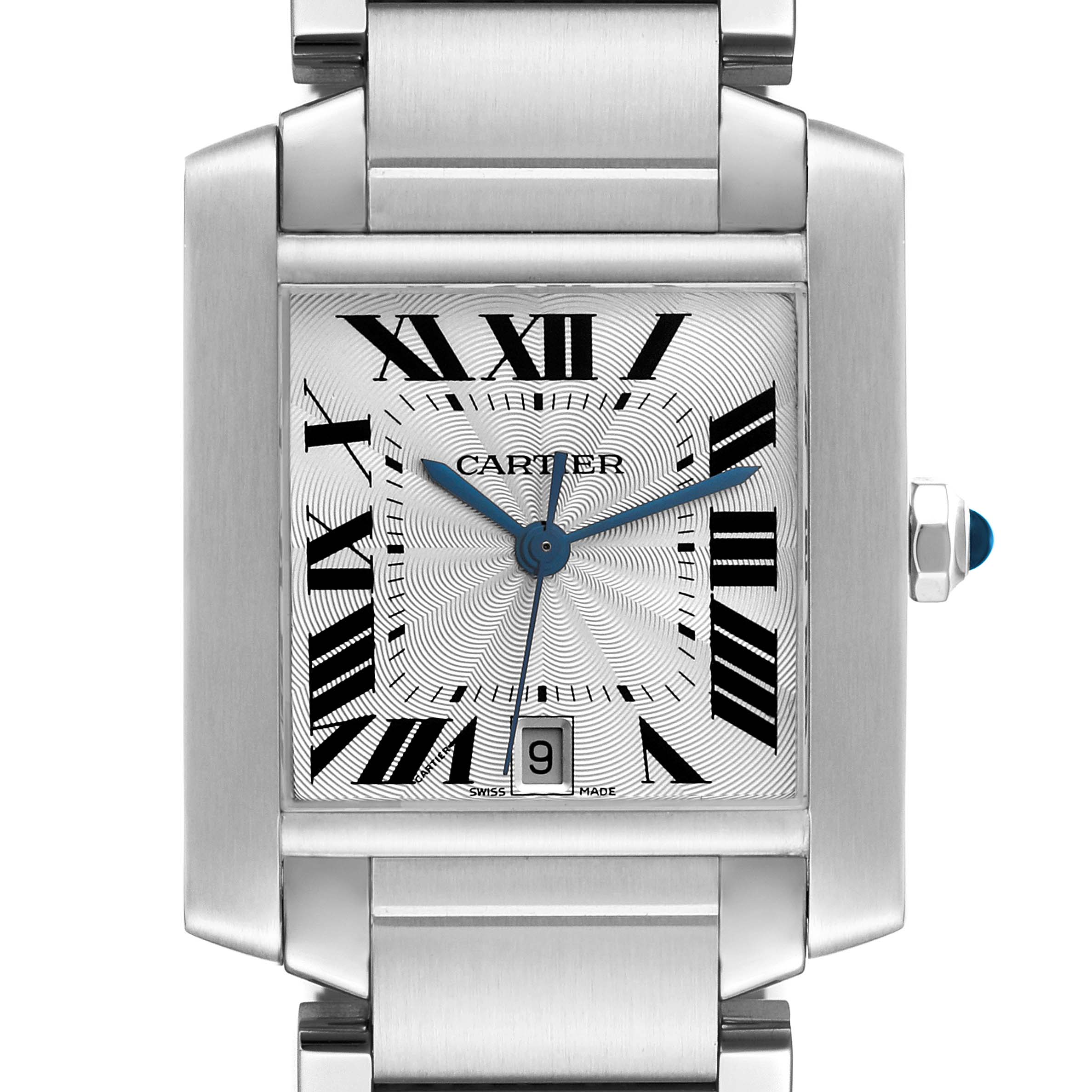 The image shows a front view of the Cartier Tank Francaise W51002Q3 Men
s Stainless Steel Silver Dial W51002Q3 Men
s Stainless Steel Silver Dial watch, displaying the face, bezel, and part of the bracelet.