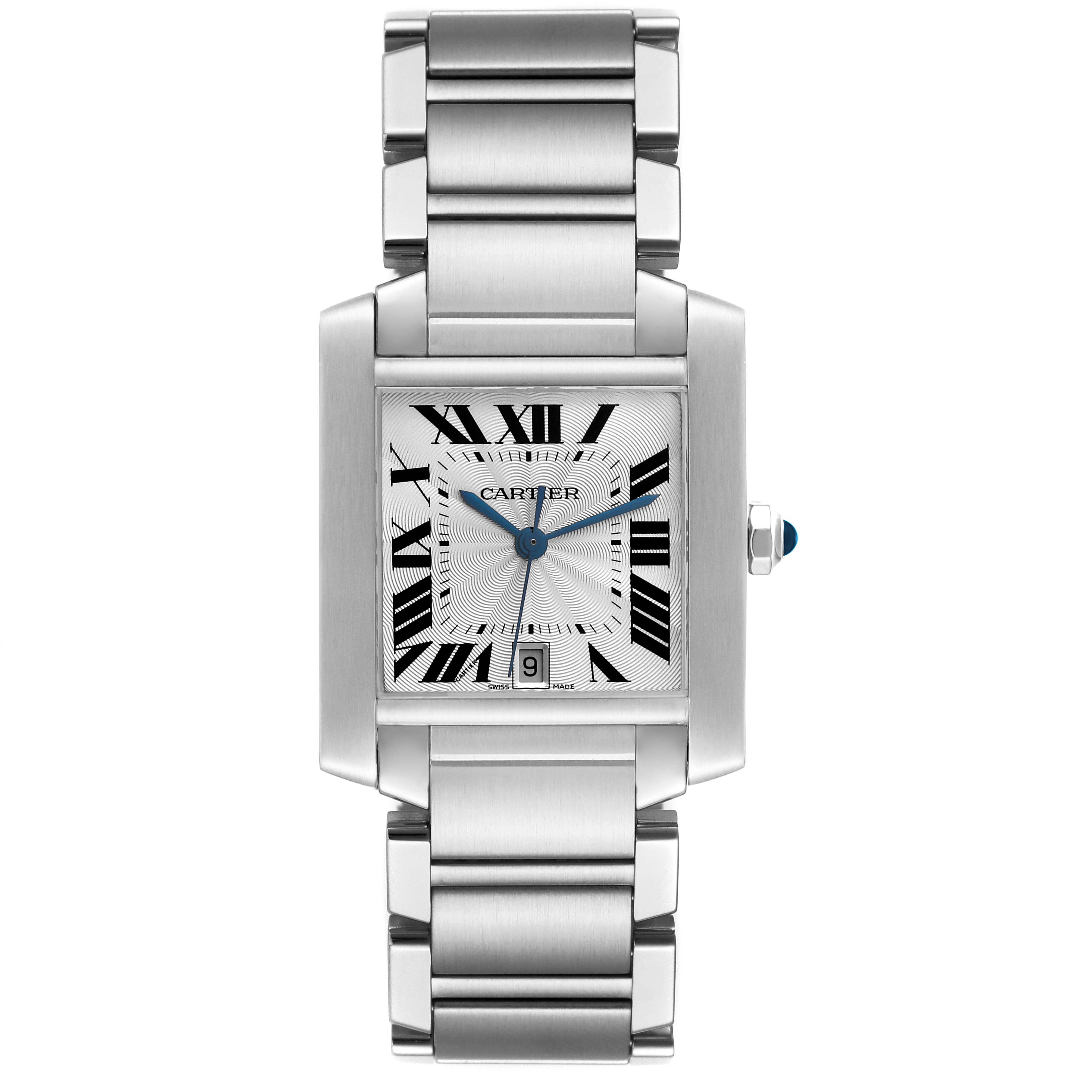 This Cartier Tank Française watch is shown from the front, displaying its face, Roman numerals, steel bracelet, and date window.