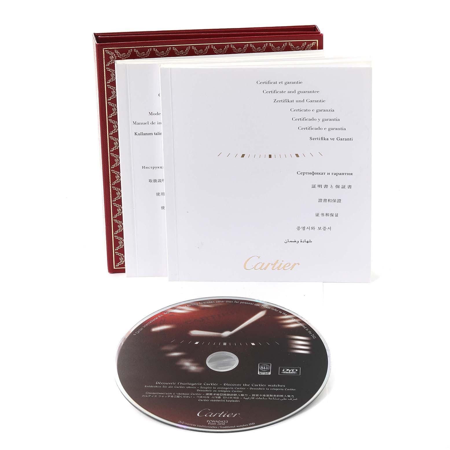 The image shows the instruction manual, certificate, and a DVD for the Cartier Tank Francaise W51002Q3 Men
s Stainless Steel Silver Dial W51002Q3 Men
s Stainless Steel Silver Dial watch model.