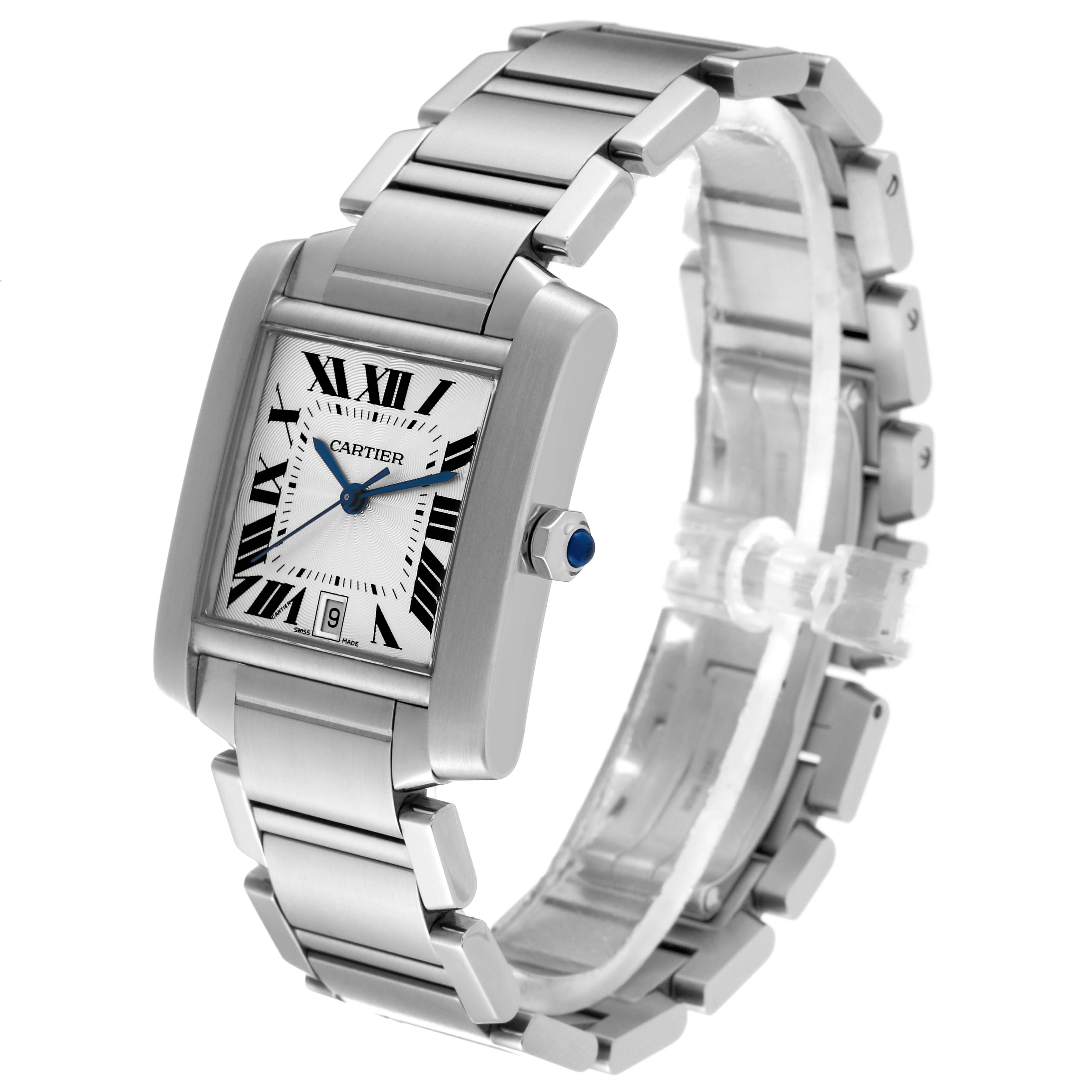 The image shows a Cartier Tank Francaise W51002Q3 Men
s Stainless Steel Silver Dial W51002Q3 Men
s Stainless Steel Silver Dial viewed from an oblique angle, highlighting its face and metal bracelet.