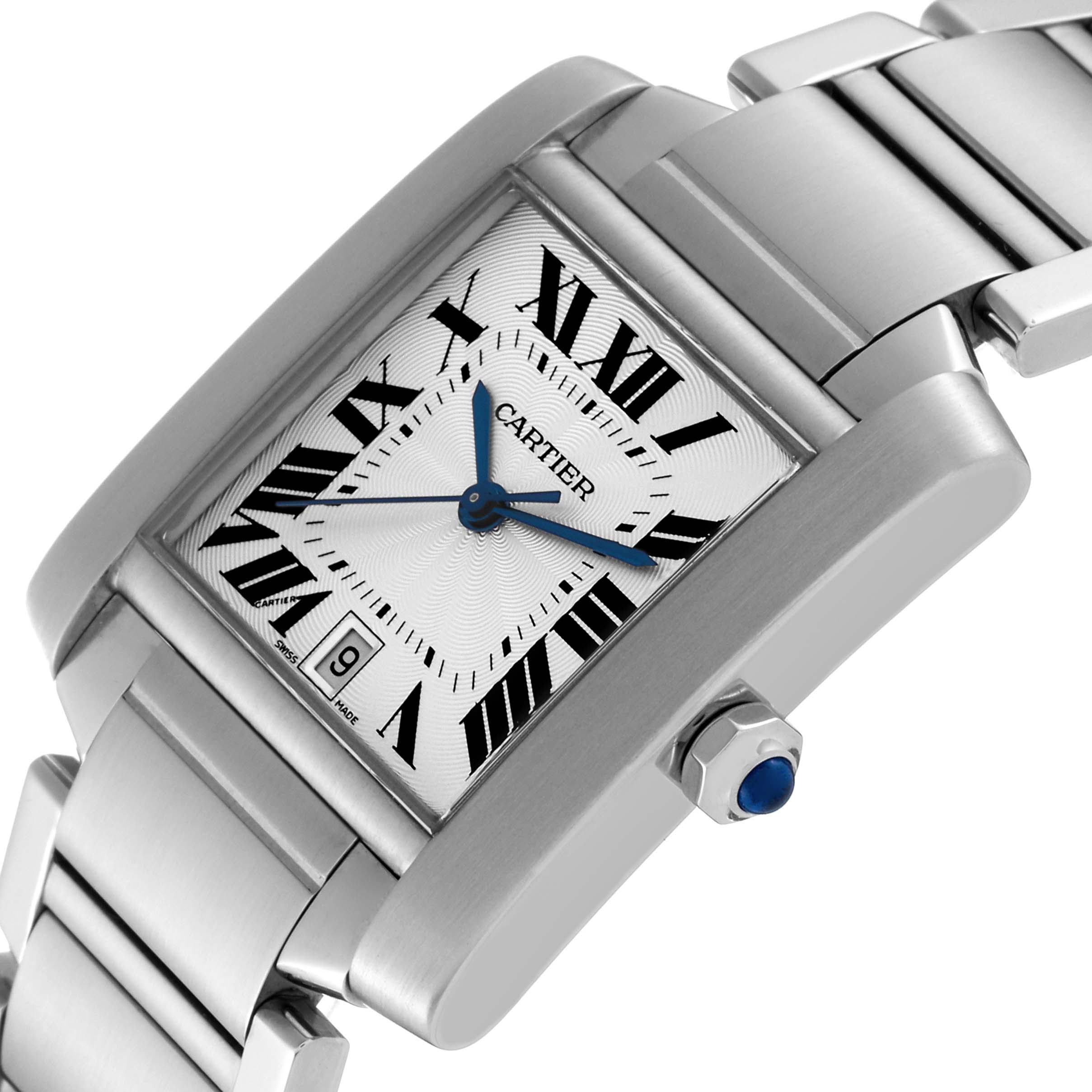 The image shows a close-up angle of the Cartier Tank Francaise W51002Q3 Men
s Stainless Steel Silver Dial W51002Q3 Men
s Stainless Steel Silver Dial model, highlighting its face, bracelet, and crown.