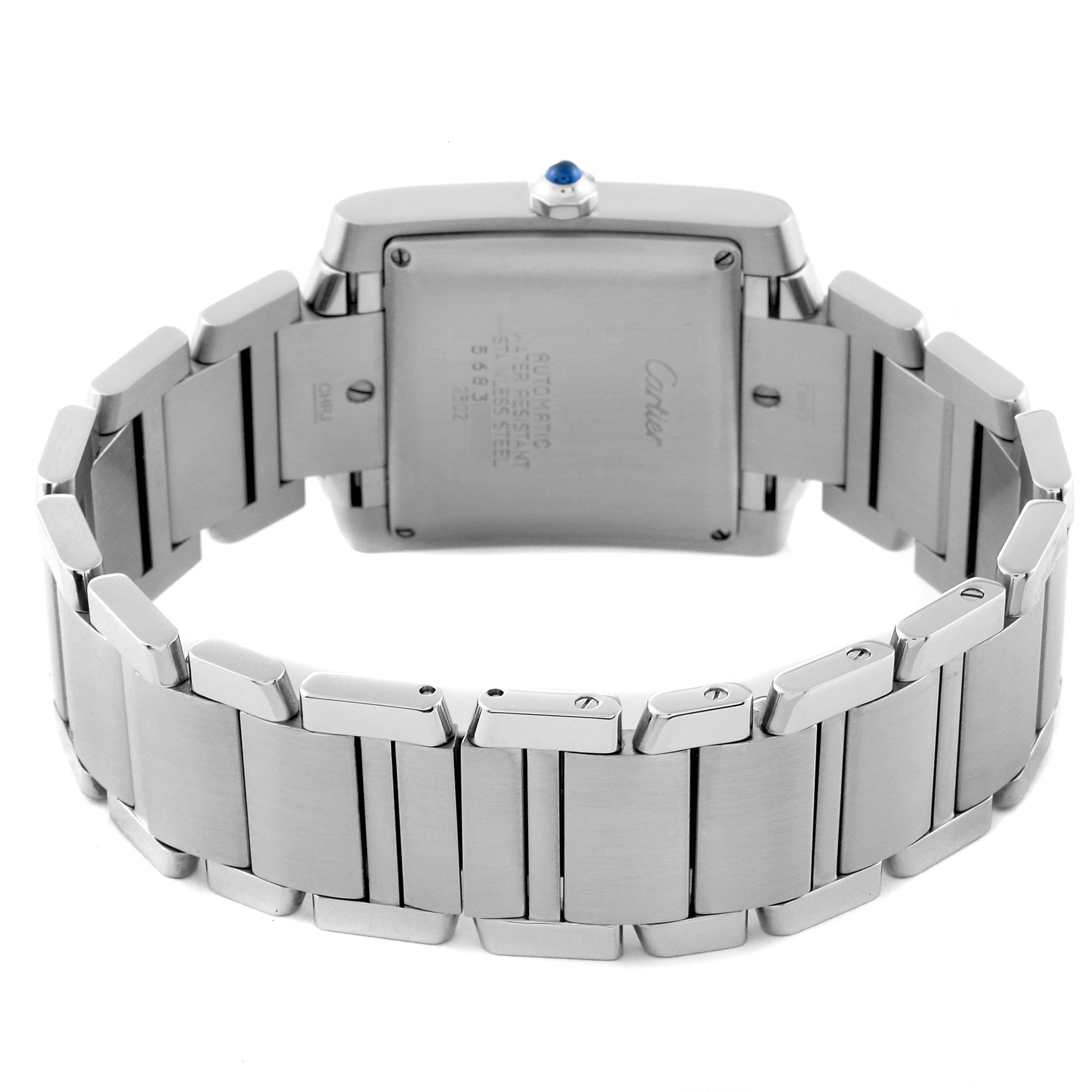 This image shows the back view and bracelet of a Cartier Tank Française watch.