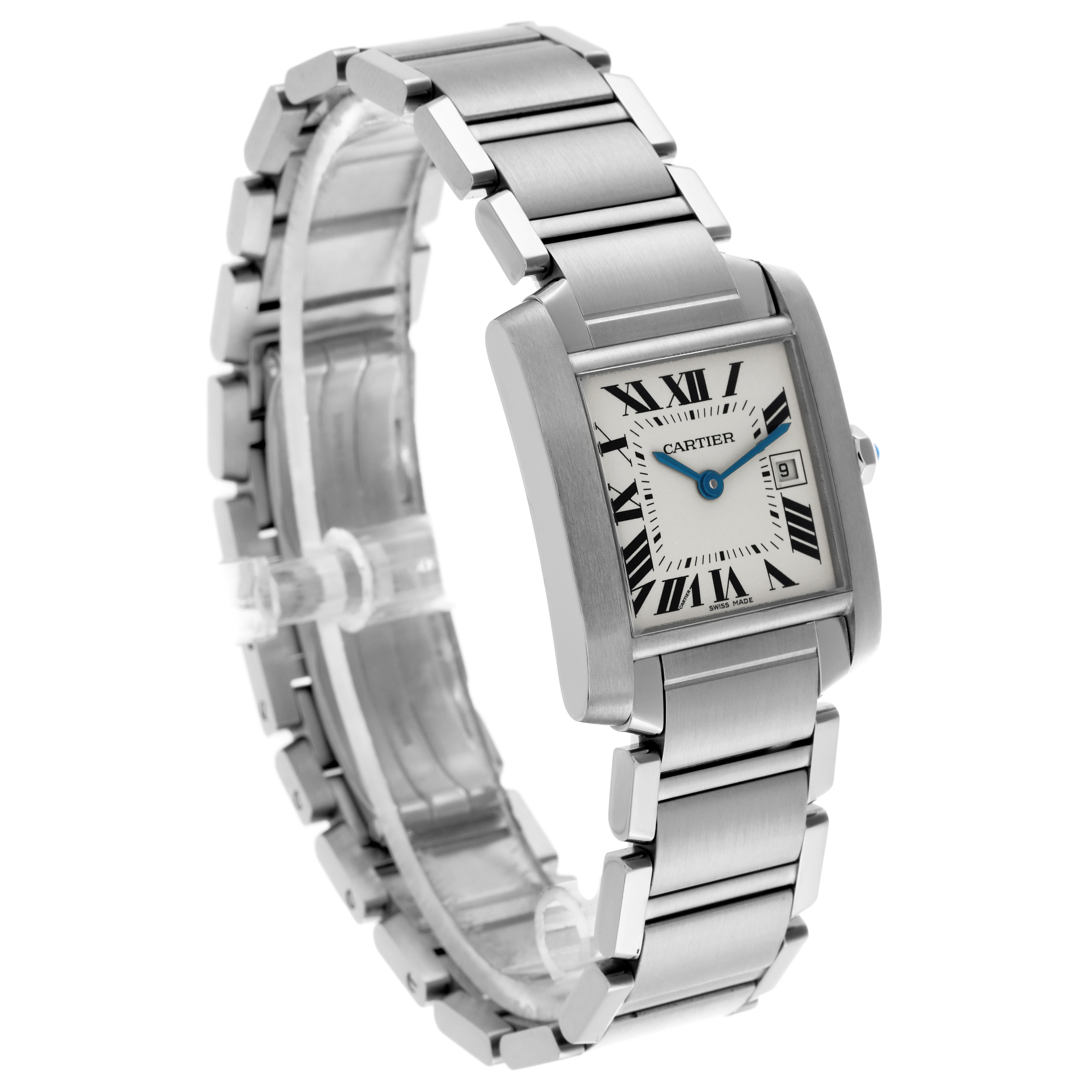 The Cartier Tank Francaise W51011Q3 Women's Stainless Steel Silver Dial W51011Q3 Women's Stainless Steel Silver Dial watch is shown at a three-quarter angle, highlighting its bracelet and rectangular face with Roman numerals.