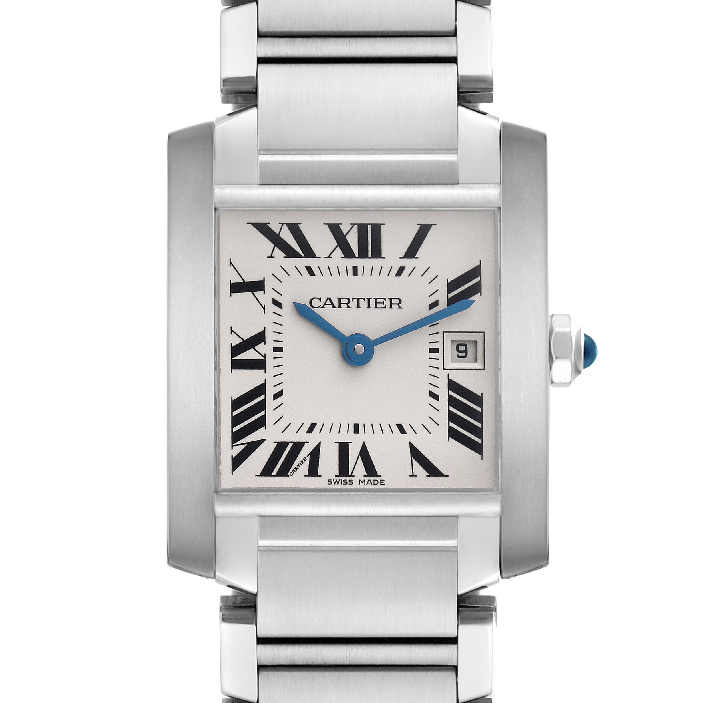 The Cartier Tank Française watch is shown from a front view, highlighting its square dial, bracelet, and side crown.