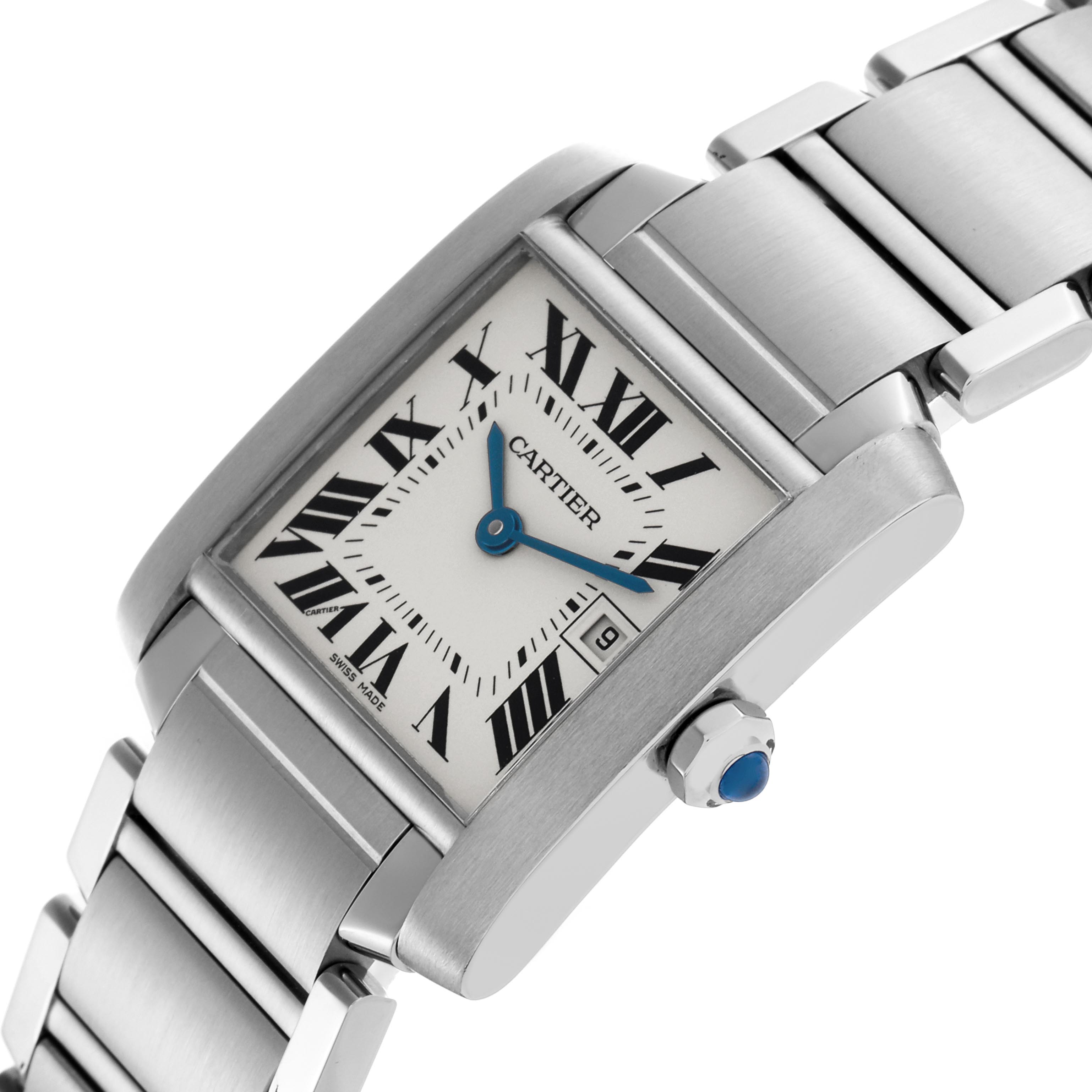 The Cartier Tank Française watch is shown at a slight angle, displaying the face, crown, and part of the bracelet.