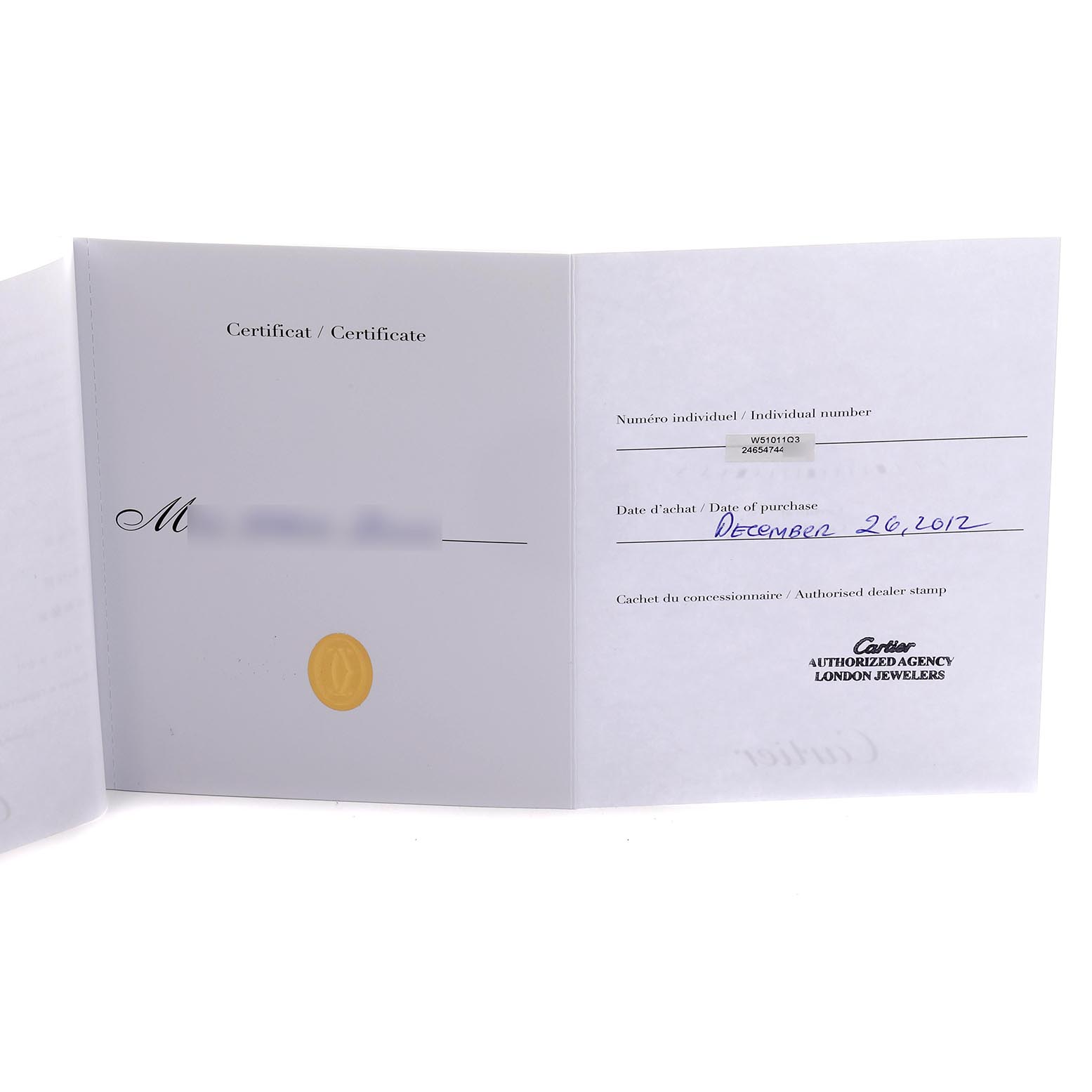 The image shows the certificate for a Cartier Tank Francaise W51011Q3 Women's Stainless Steel Silver Dial W51011Q3 Women's Stainless Steel Silver Dial watch, including purchase date and dealer stamp.