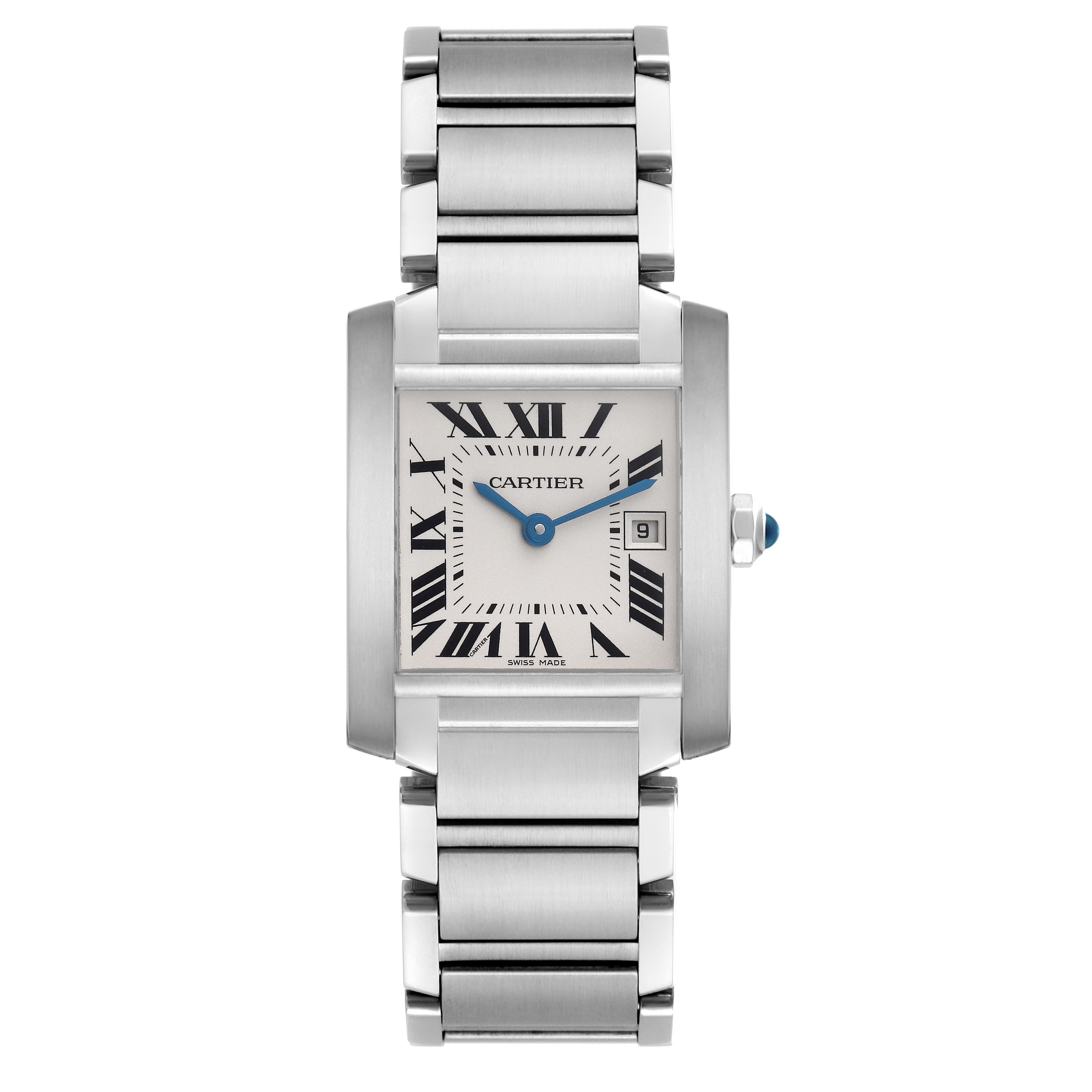 The Cartier Tank Française watch is shown from a front angle, displaying the rectangular case, Roman numerals, and bracelet.