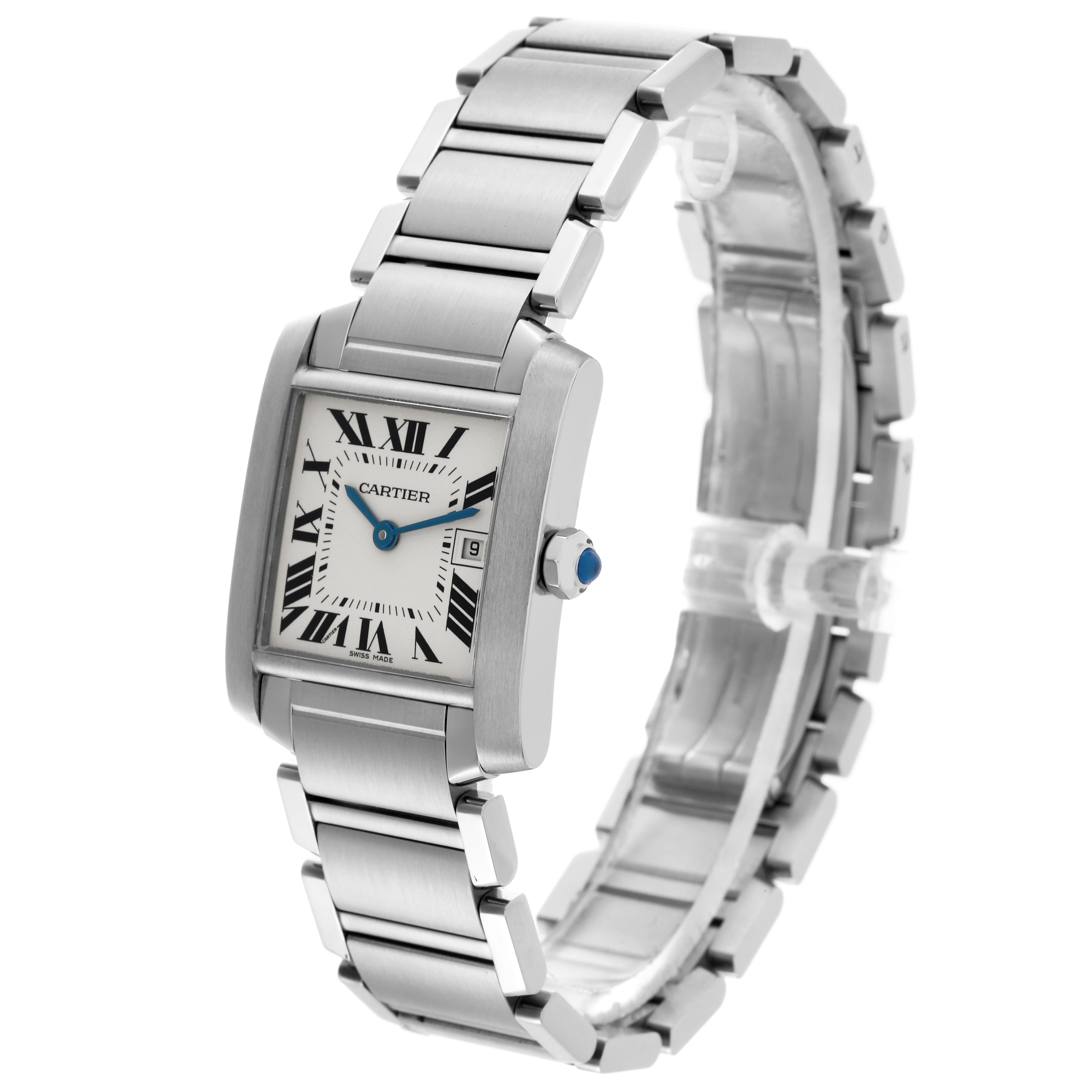 The Cartier Tank Francaise W51011Q3 Women's Stainless Steel Silver Dial W51011Q3 Women's Stainless Steel Silver Dial watch is shown at a three-quarter angle, showcasing the bracelet, face, crown, and blue hands.