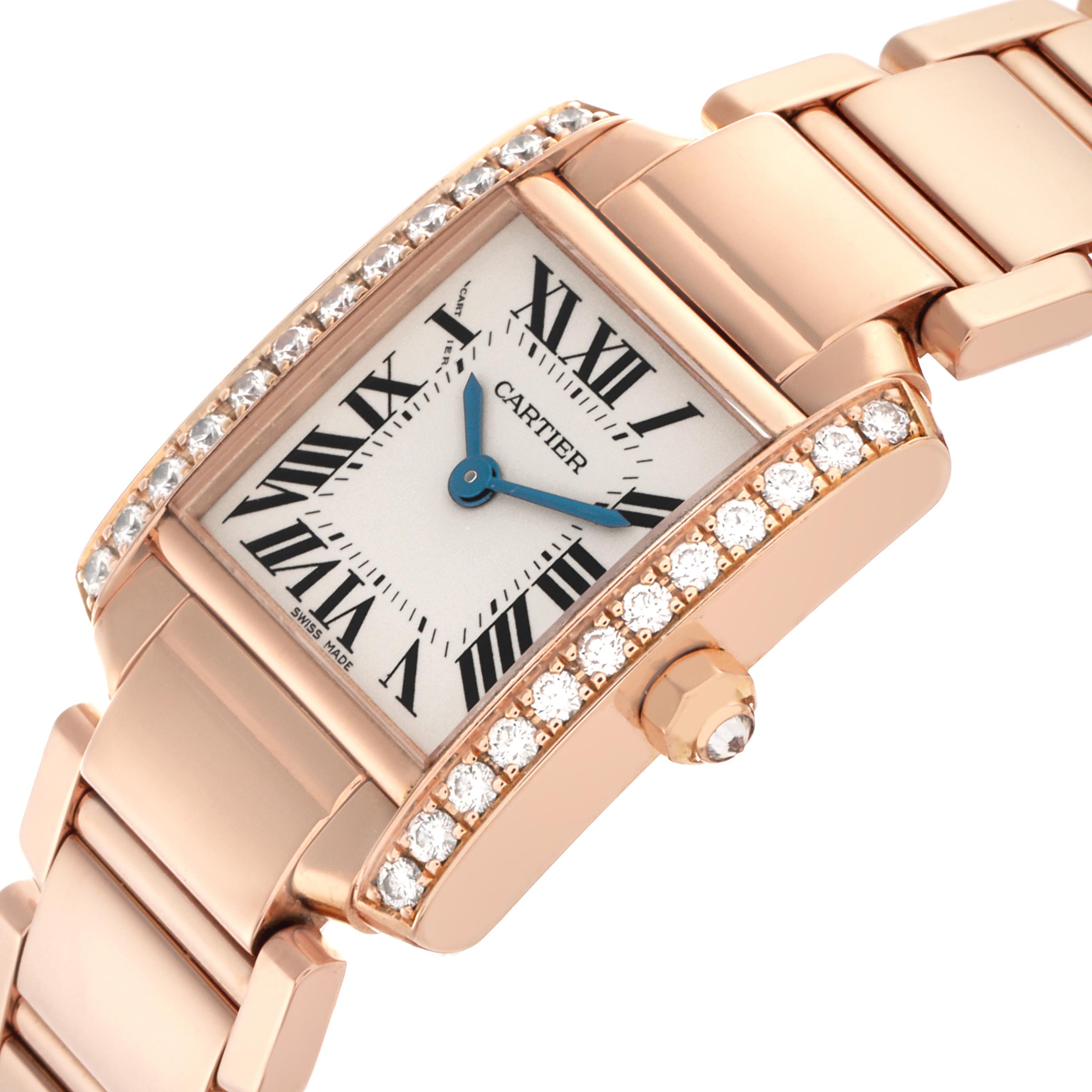 The Cartier Tank Francaise WE10456H Women
s Rose Gold Silver Dial WE10456H Women
s Rose Gold Silver Dial watch is shown from an angled view highlighting the diamond-set case, dial, and part of the bracelet.
