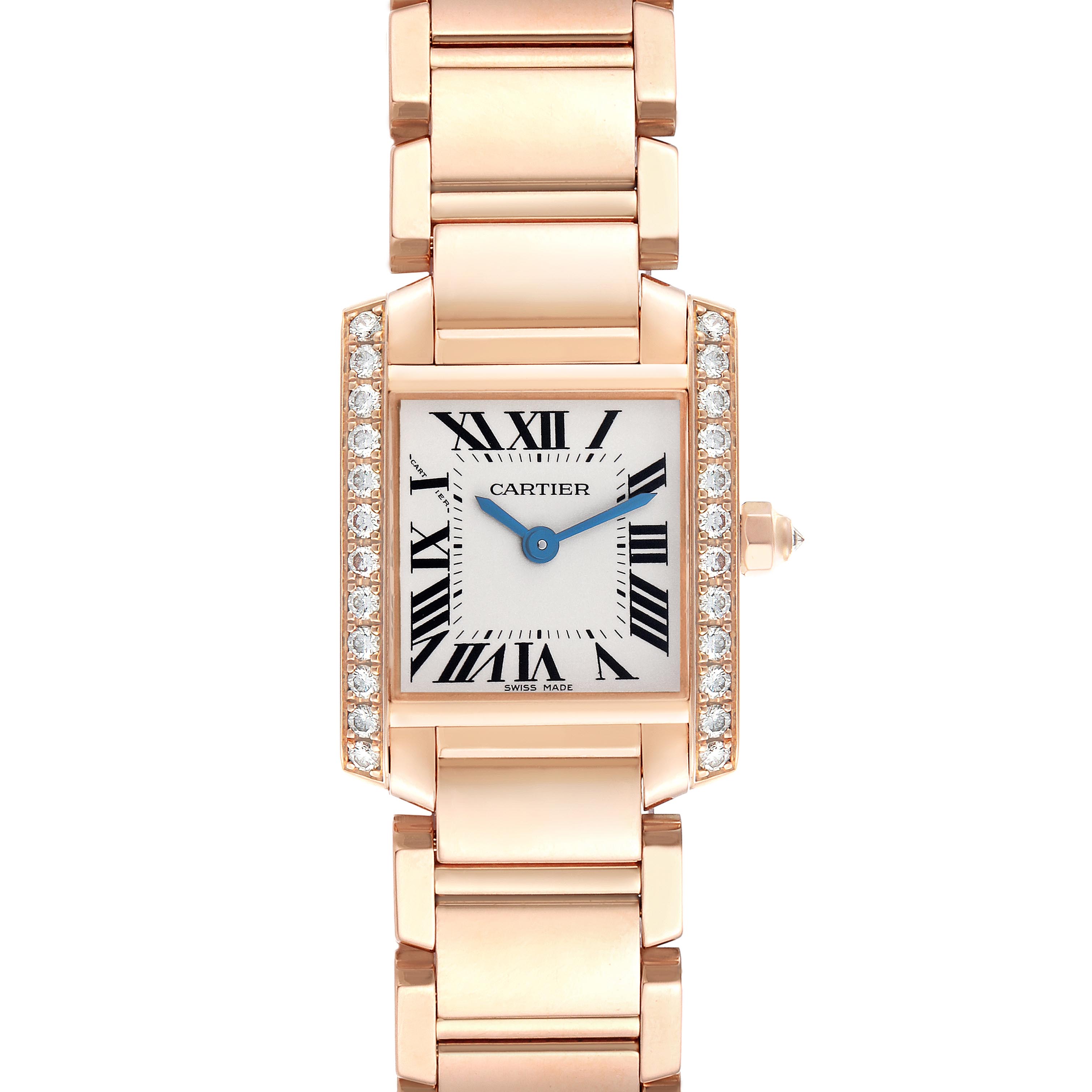 The Cartier Tank Francaise WE10456H Women
s Rose Gold Silver Dial WE10456H Women
s Rose Gold Silver Dial watch is shown from a front view, highlighting its face, bracelet, and diamond-studded case sides.