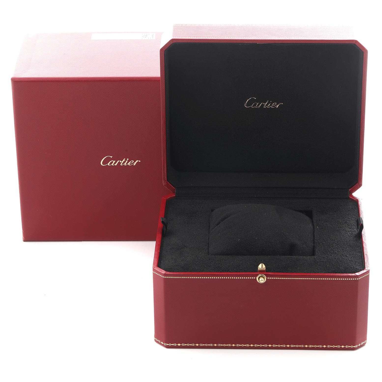 The image shows a Cartier Tank Francaise WE10456H Women
s Rose Gold Silver Dial WE10456H Women
s Rose Gold Silver Dial watch box set, with an open and closed red box displaying the brand logo.