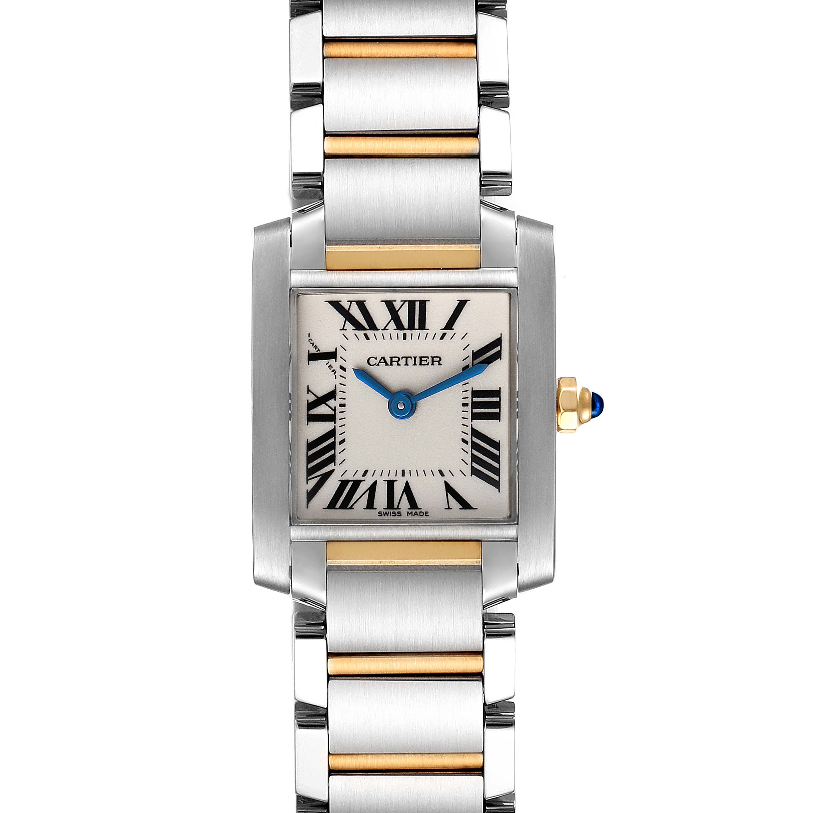 This image shows a front view of a Cartier Tank Française watch, highlighting its face, bracelet, and crown with blue cabochon.