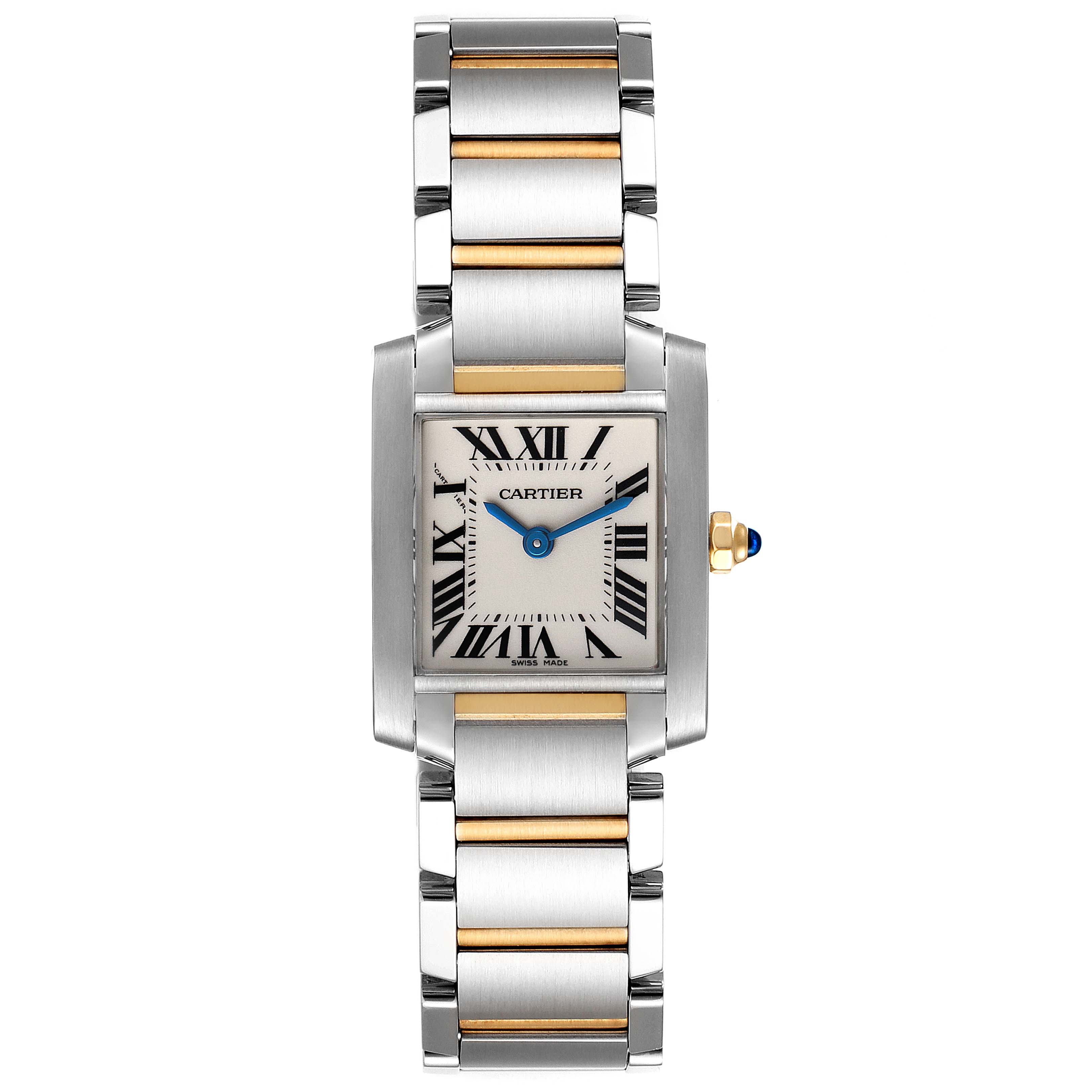 The image shows a front view of the Cartier Tank Francaise W51007Q4 Women's Steel and Gold (two tone) Silver Dial W51007Q4 Women's Steel and Gold (two tone) Silver Dial watch, highlighting its rectangular face and metal bracelet with gold accents.