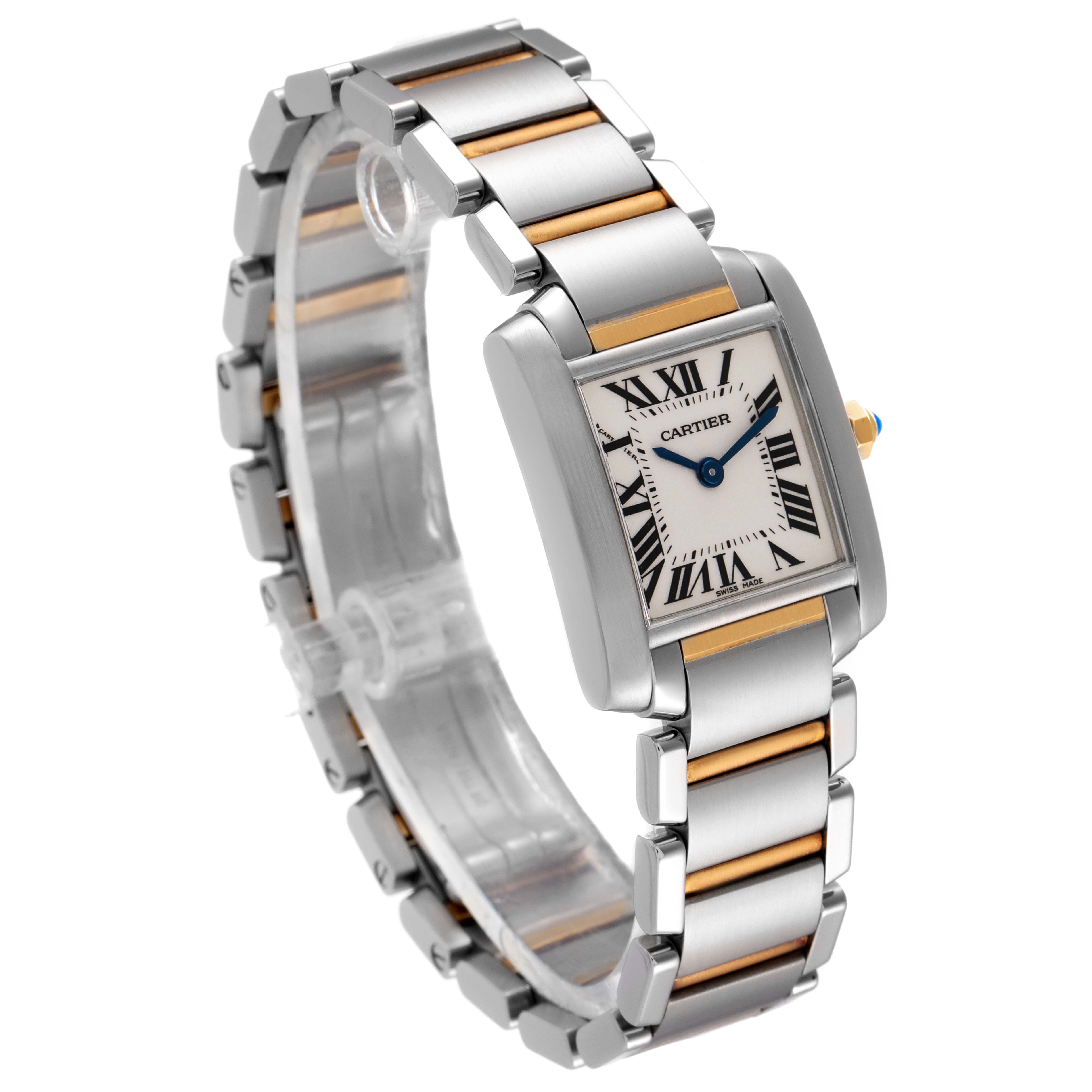 This image shows a Cartier Tank Francaise W51007Q4 Women's Steel and Gold (two tone) Silver Dial W51007Q4 Women's Steel and Gold (two tone) Silver Dial watch angled from the front-right, displaying its face and metal bracelet.