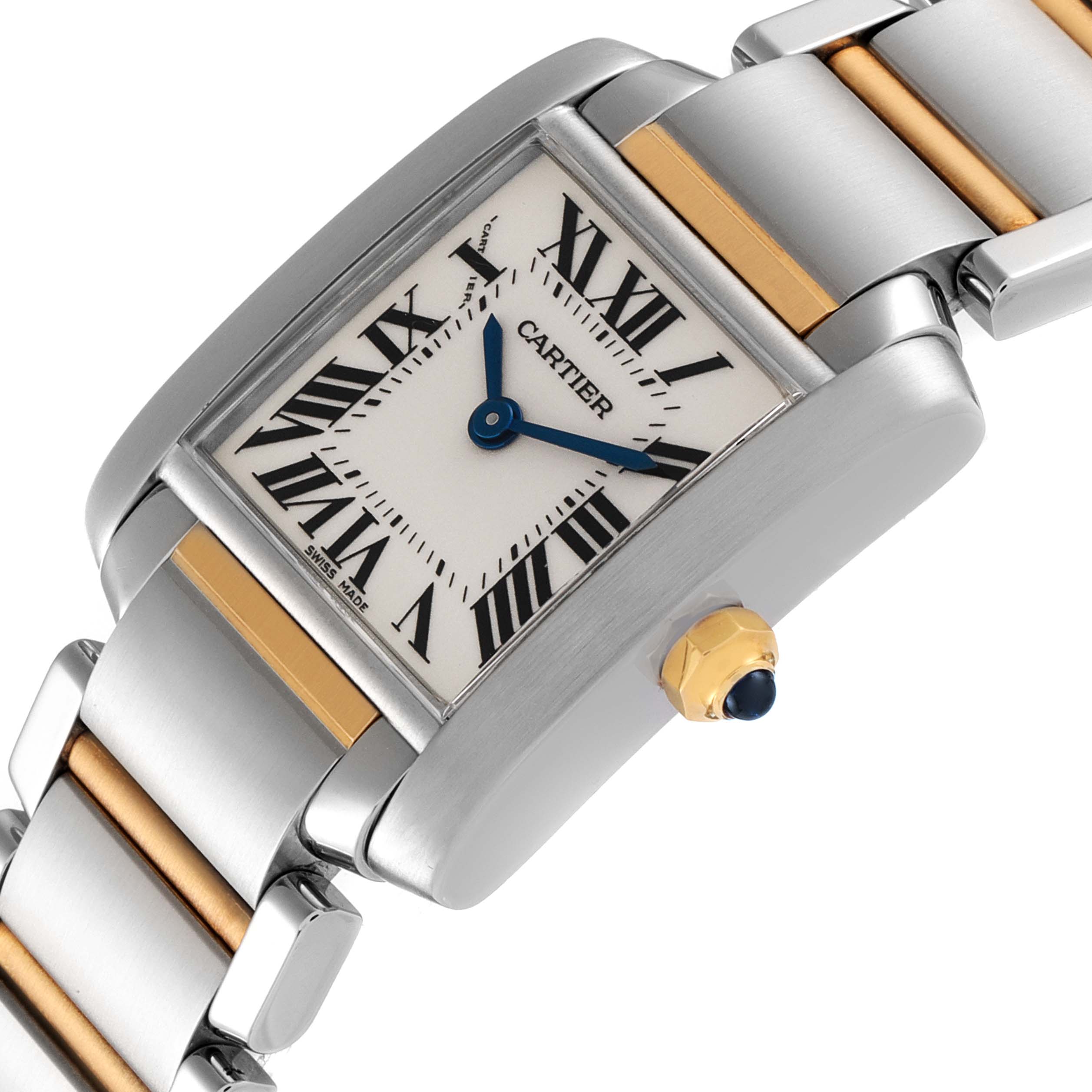 The image shows a close-up of the face and partial bracelet of a Cartier Tank Française watch.