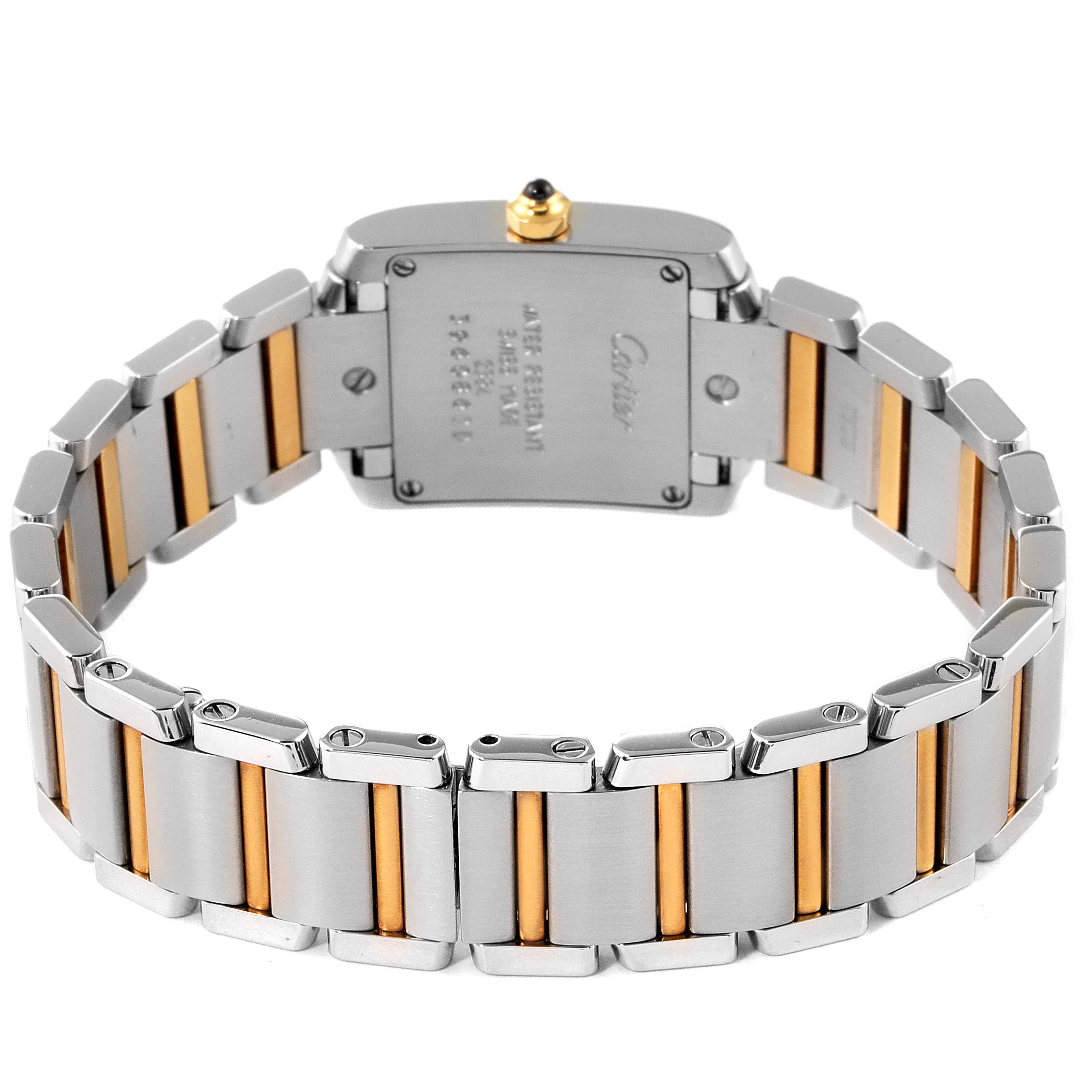 The image shows the back case and metal bracelet of the Cartier Tank Française watch with a two-tone design.