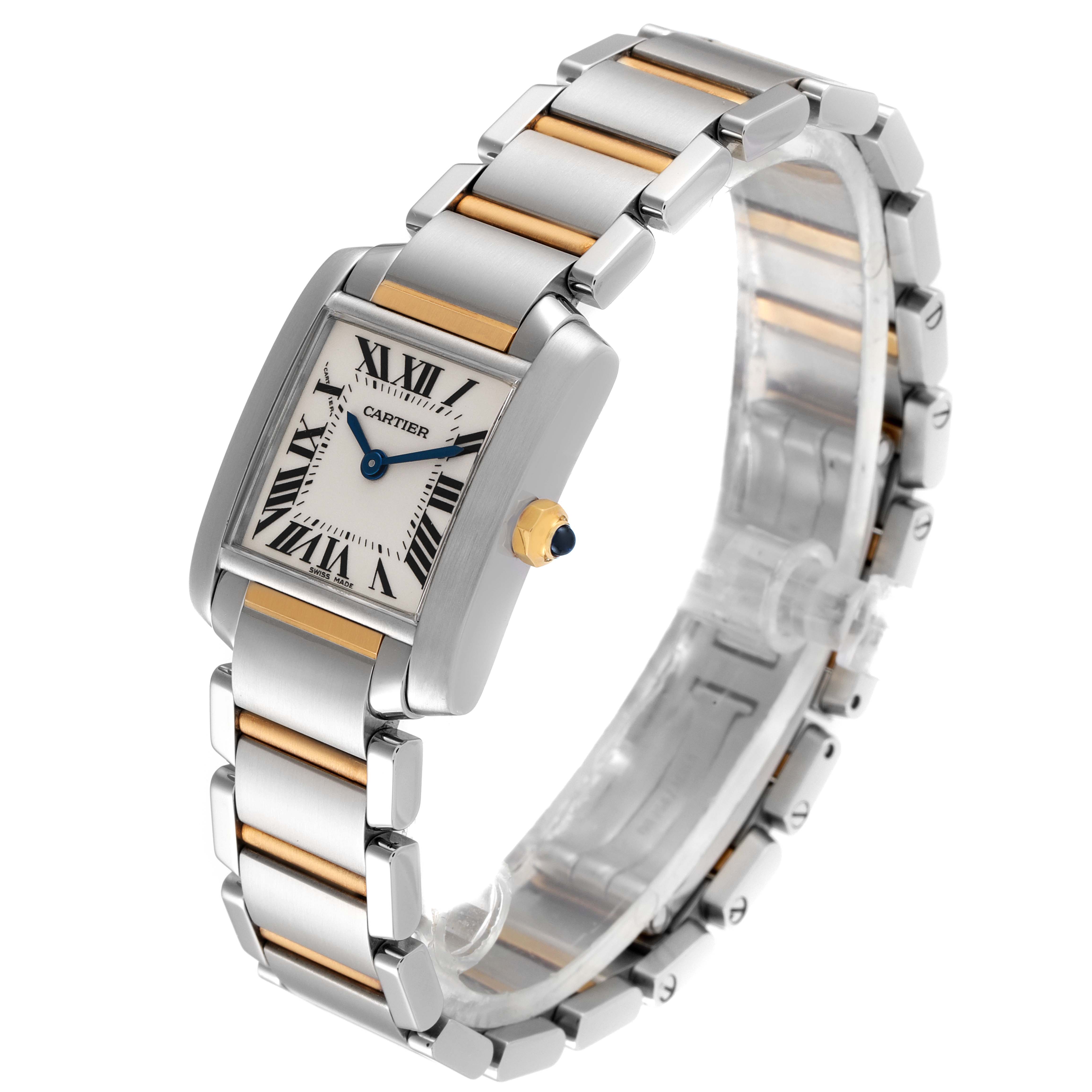 This image shows a Cartier Tank Française watch at an angled view, highlighting its face, bracelet, and crown.