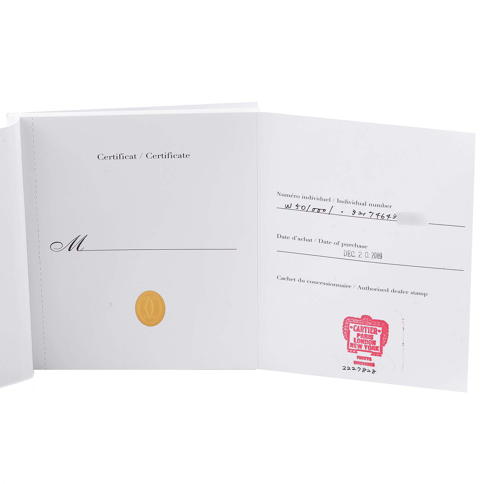 The image shows the certificate and purchase documentation for a Cartier Tank Francaise W5010001 Women's Steel and Gold (two tone) Black Dial W5010001 Women's Steel and Gold (two tone) Black Dial watch.