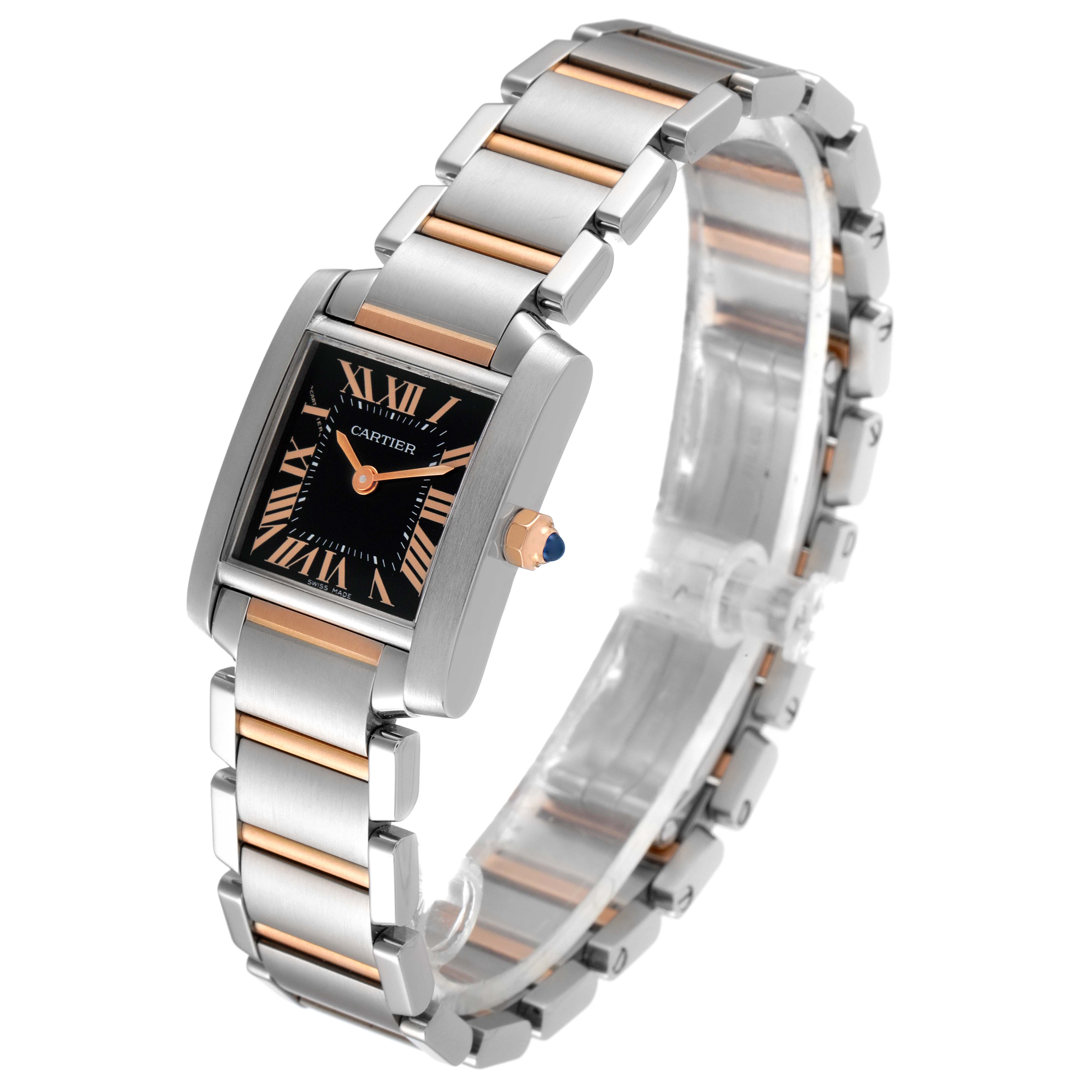 This image shows an angled view of the Cartier Tank Francaise W5010001 Women's Steel and Gold (two tone) Black Dial W5010001 Women's Steel and Gold (two tone) Black Dial watch, highlighting its bracelet, rectangular face, and crown.