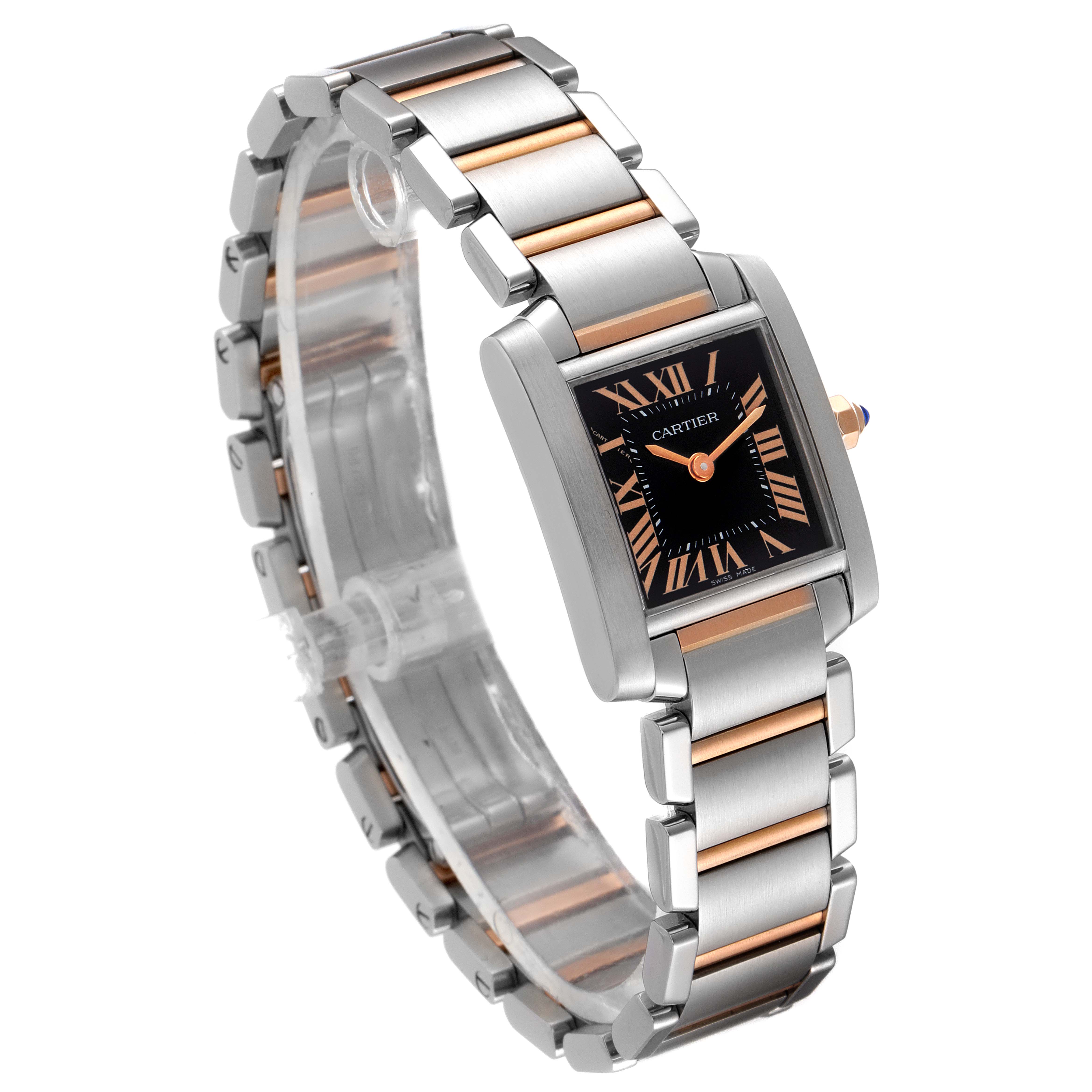 This image shows a Cartier Tank Française watch at a three-quarter angle, highlighting its rectangular face, metal bracelet, and clasp.