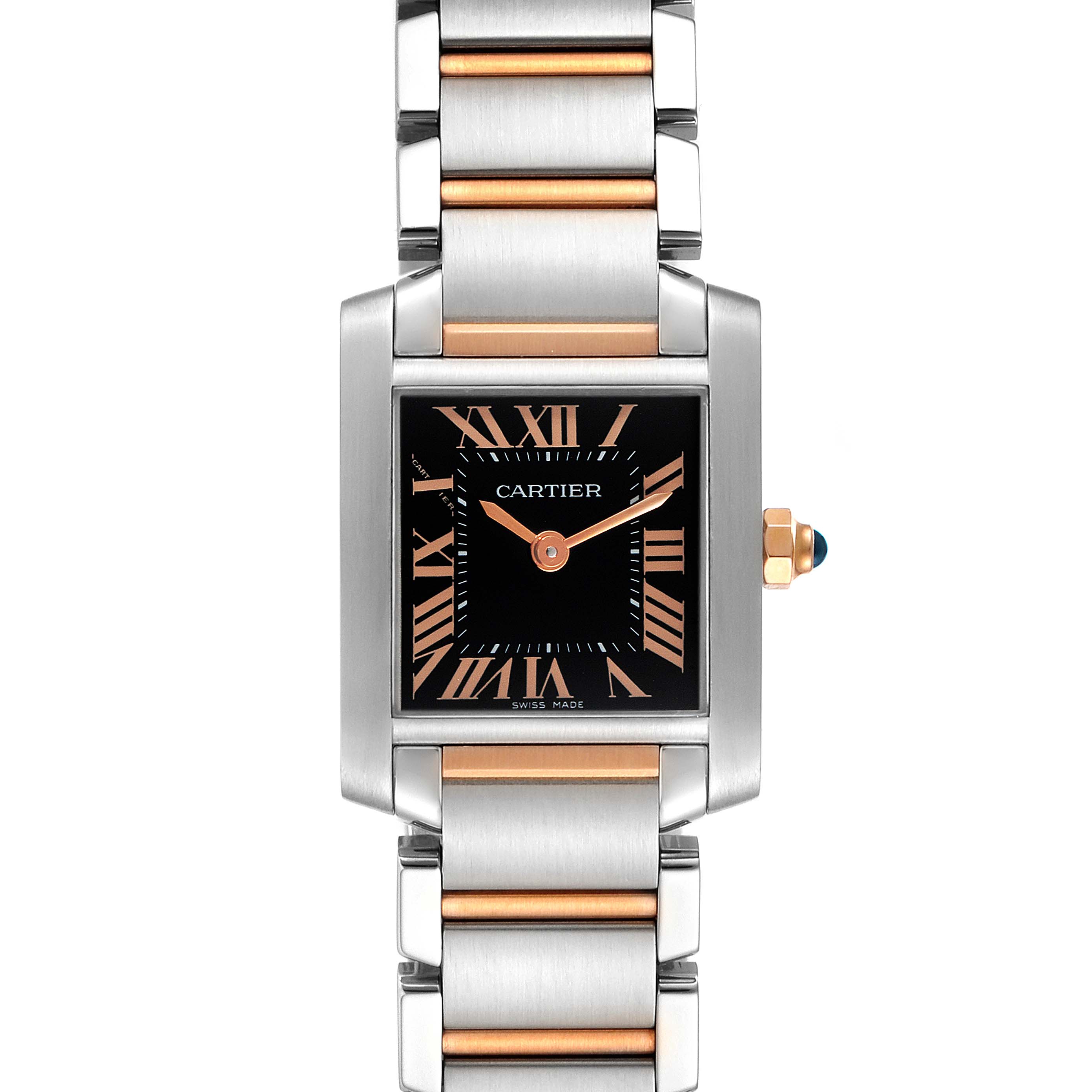 The image shows a frontal view of a Cartier Tank Francaise W5010001 Women's Steel and Gold (two tone) Black Dial W5010001 Women's Steel and Gold (two tone) Black Dial watch, highlighting its two-tone bracelet and black dial.