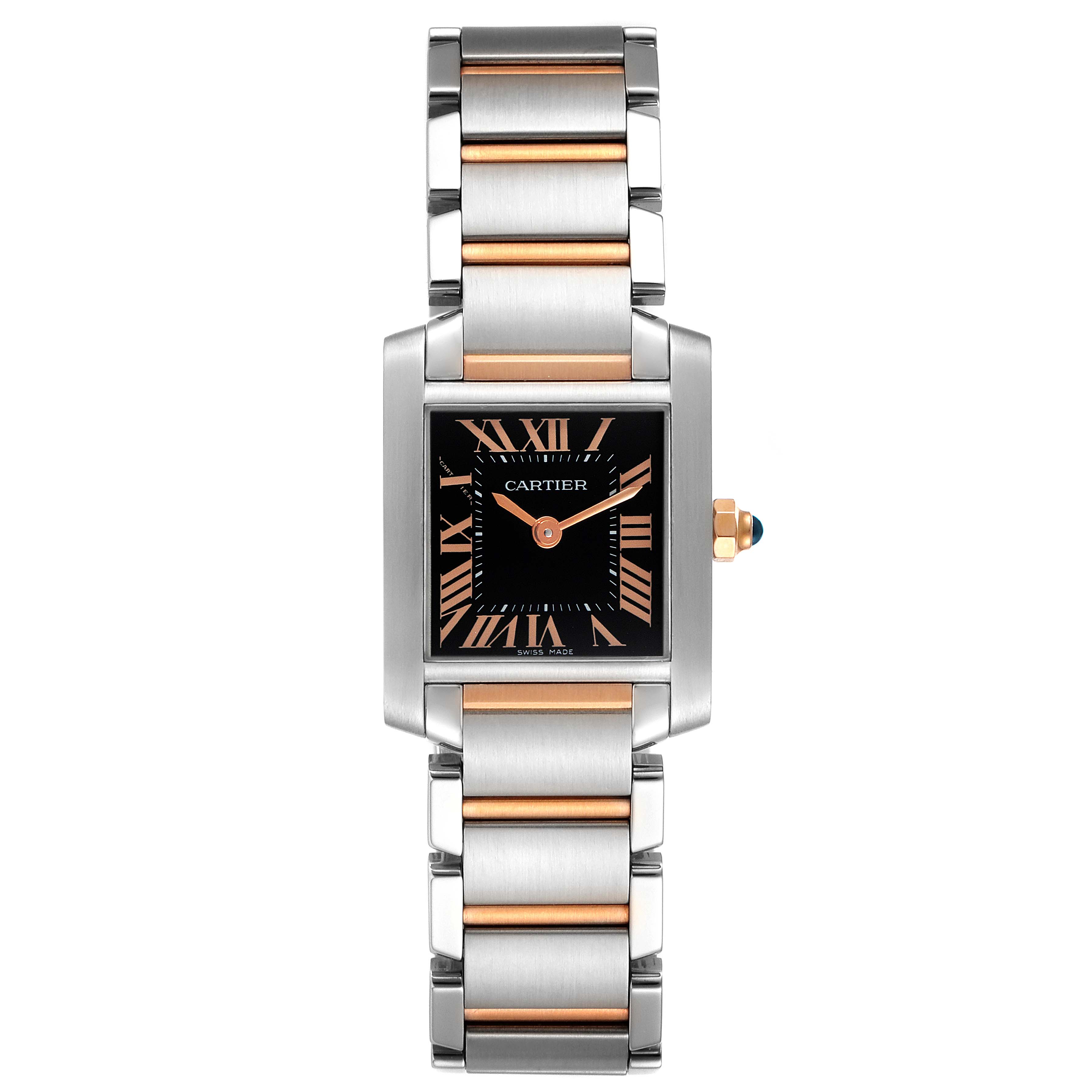 The image shows a Cartier Tank Francaise W5010001 Women's Steel and Gold (two tone) Black Dial W5010001 Women's Steel and Gold (two tone) Black Dial watch from a front angle, displaying its face and bracelet.