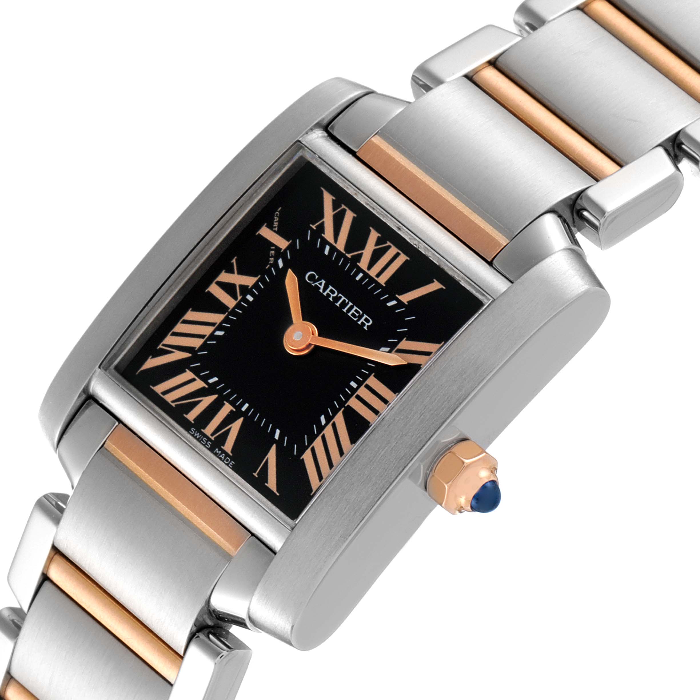 The image shows a close-up angle of the Cartier Tank Francaise W5010001 Women's Steel and Gold (two tone) Black Dial W5010001 Women's Steel and Gold (two tone) Black Dial watch, highlighting the face, crown, and bi-metal bracelet.