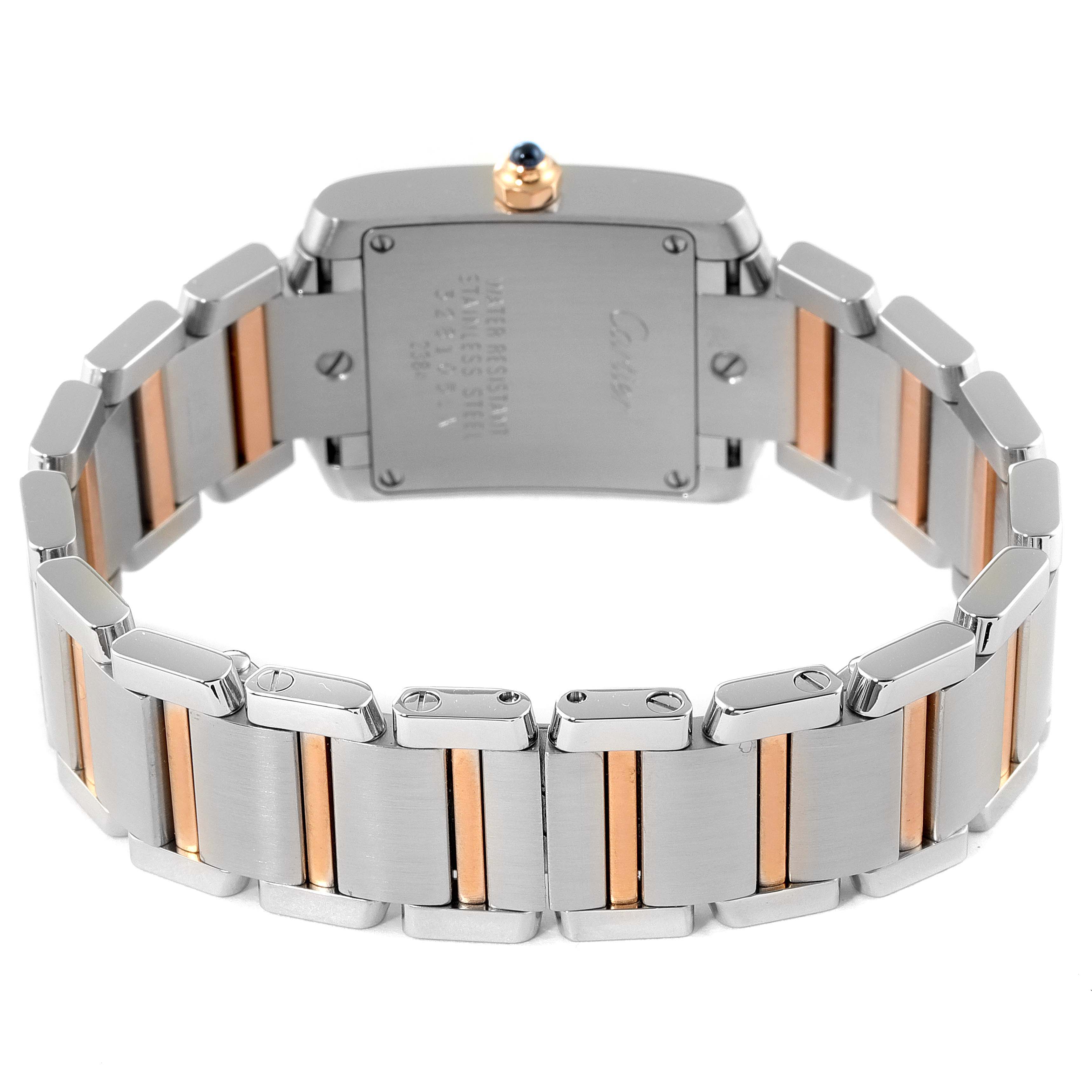 The image shows the back view and bracelet of the Cartier Tank Francaise Women's Steel and Gold (two tone) Mother of Pearl Dial Women's Steel and Gold (two tone) Mother of Pearl Dial watch.