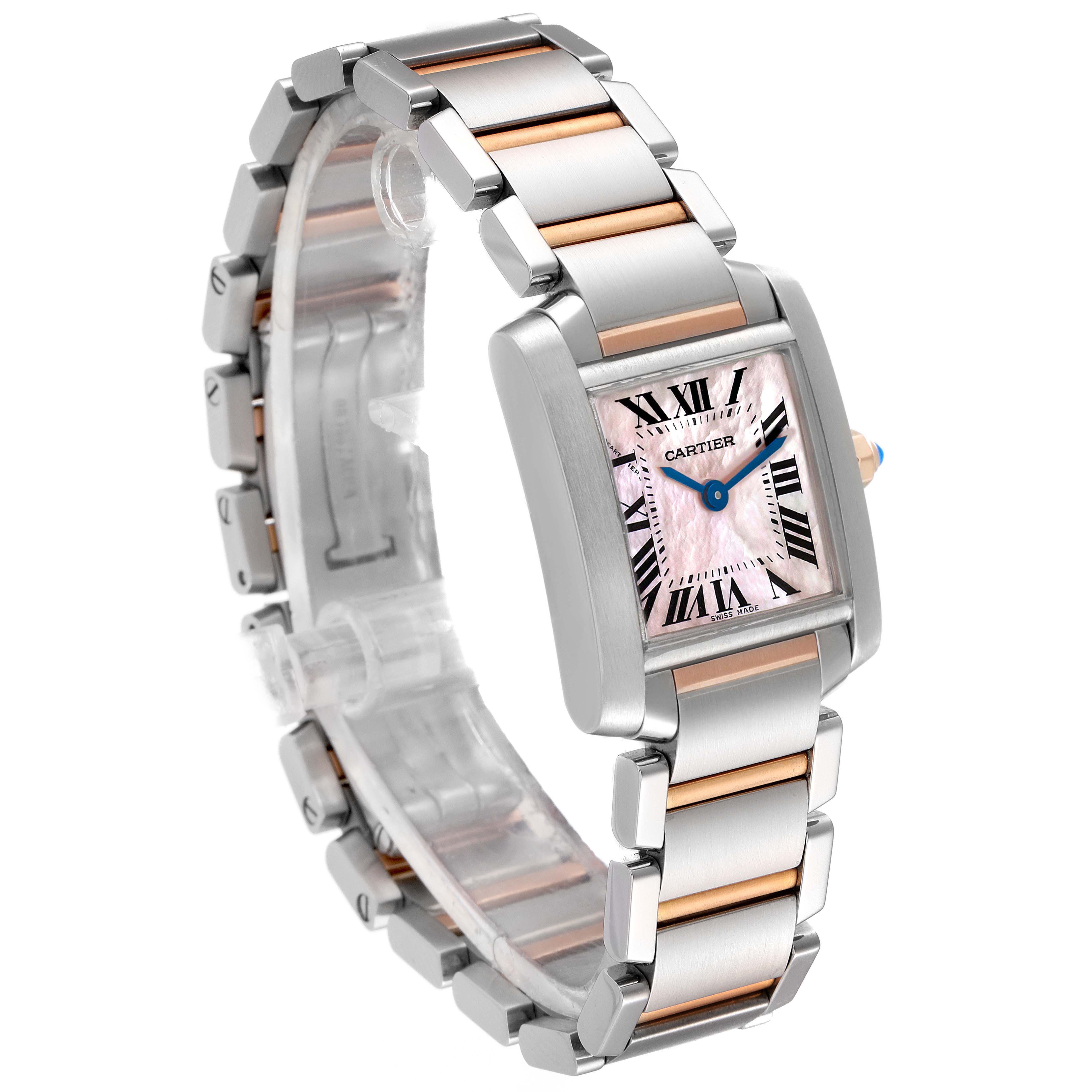 This image shows a Cartier Tank Francaise Women's Steel and Gold (two tone) Mother of Pearl Dial Women's Steel and Gold (two tone) Mother of Pearl Dial watch from an oblique angle, highlighting its rectangular face and metal bracelet.