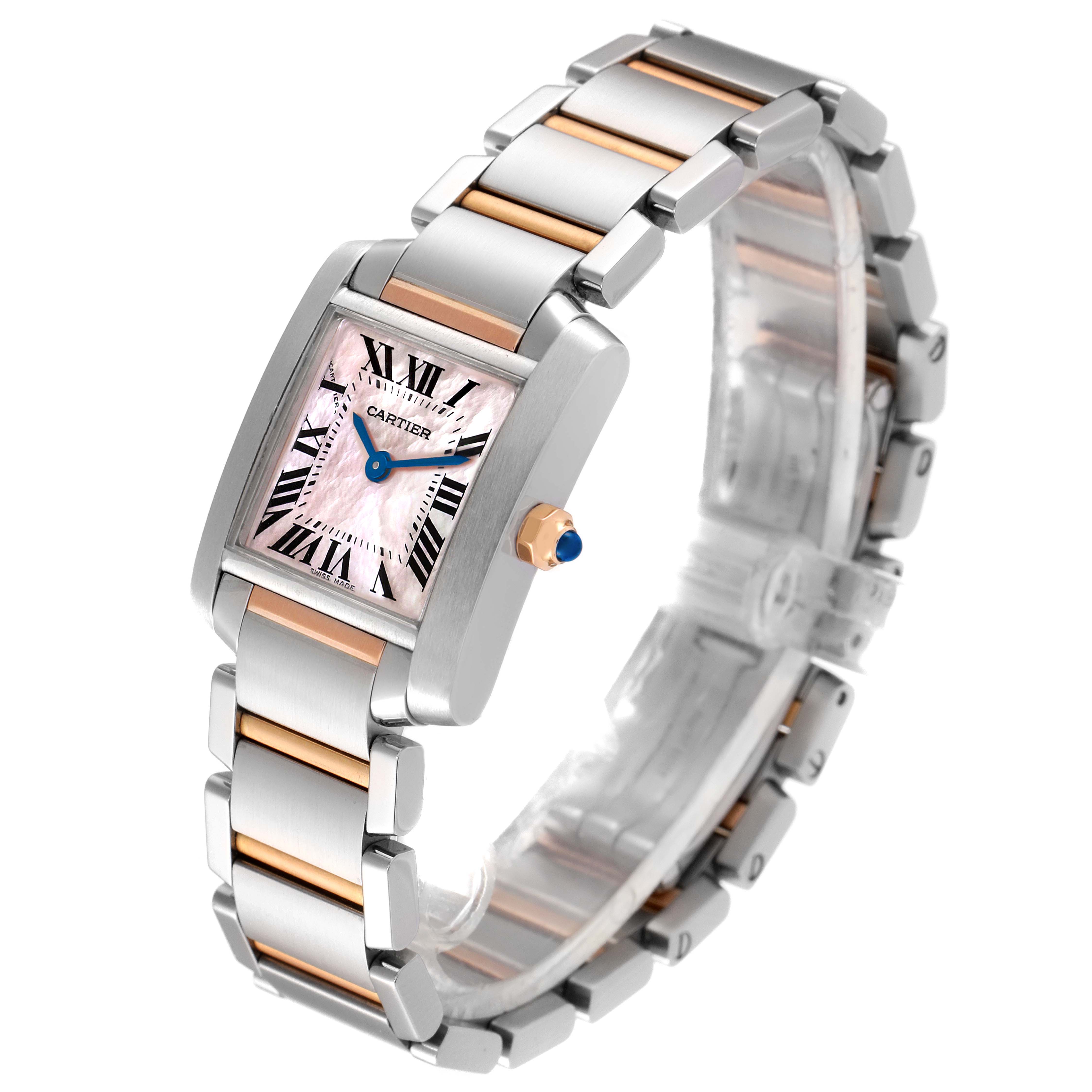 This image shows a Cartier Tank Française watch from an angled three-quarter view, emphasizing the watch face and two-tone metal bracelet.
