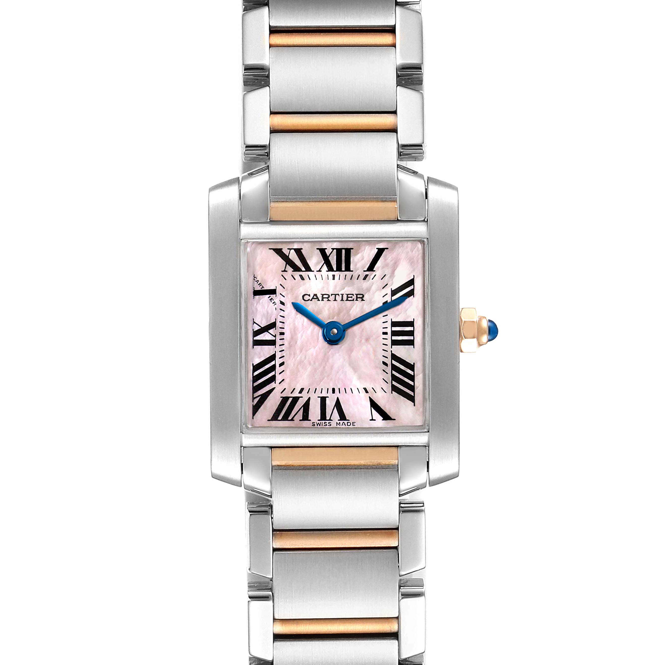 The Cartier Tank Française watch is shown from a front angle, displaying its rectangular face, Roman numerals, and metal strap.