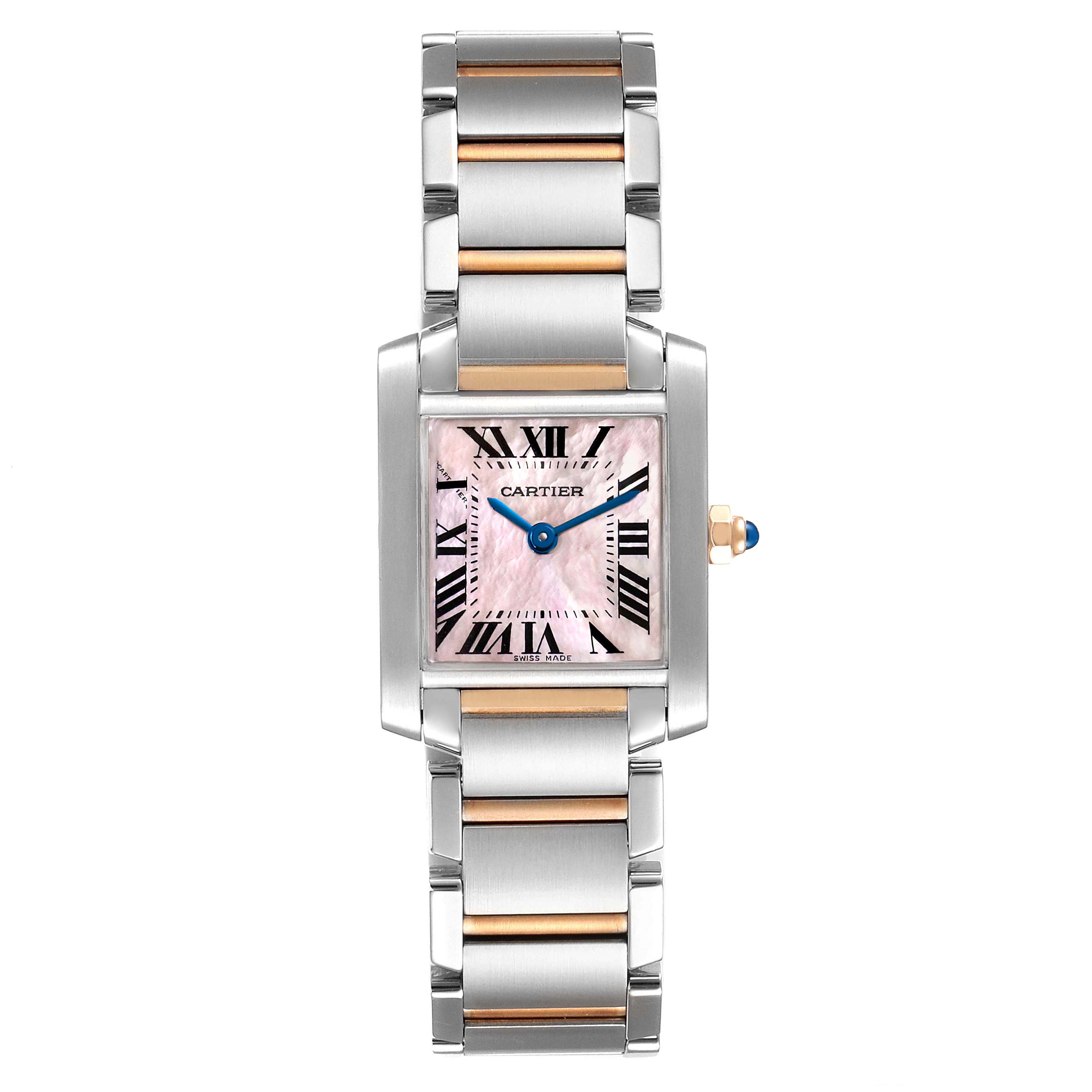 The image shows a front view of the Cartier Tank Francaise Women's Steel and Gold (two tone) Mother of Pearl Dial Women's Steel and Gold (two tone) Mother of Pearl Dial watch, featuring a pink dial and a stainless steel and gold bracelet.