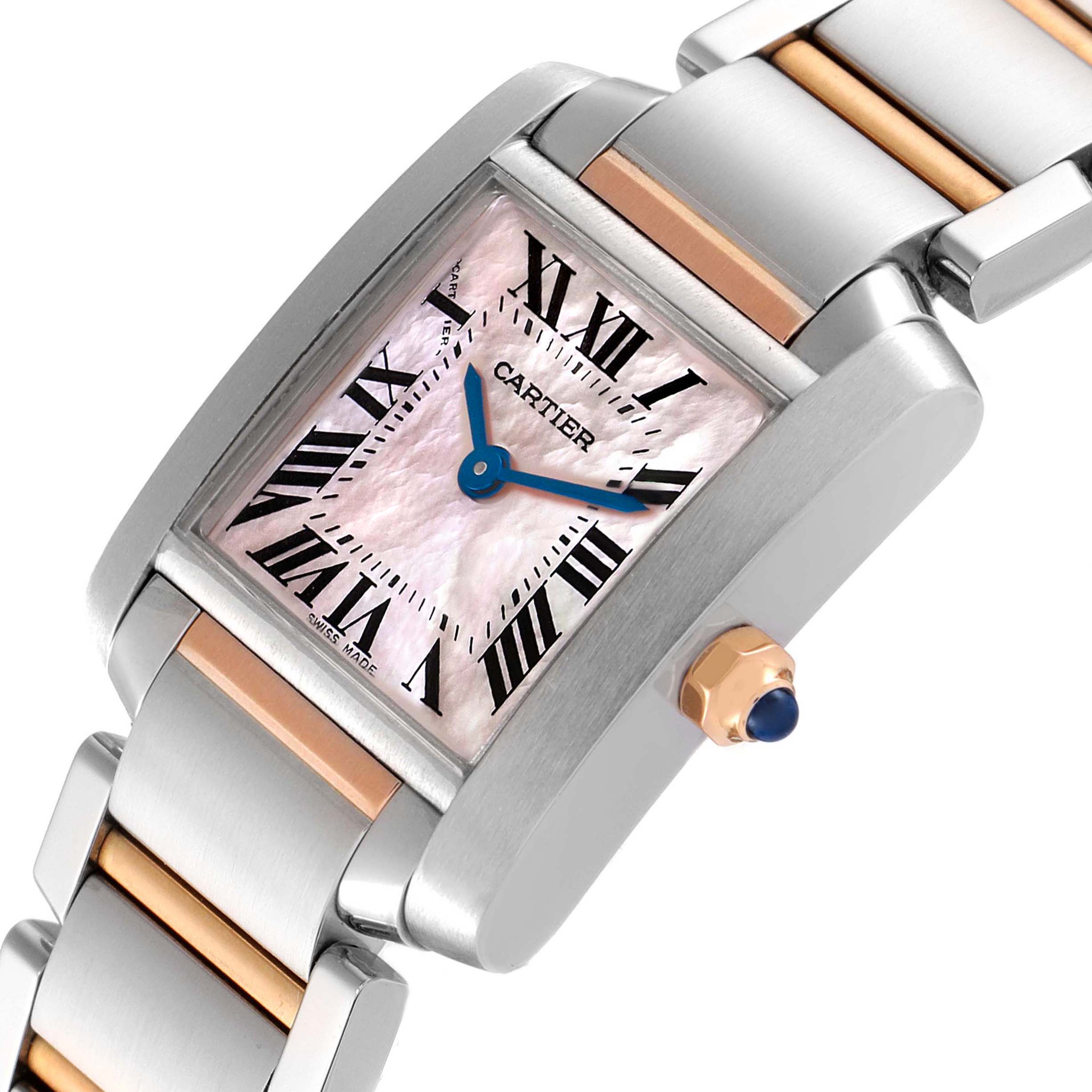 The image shows a Cartier Tank Francaise Women's Steel and Gold (two tone) Mother of Pearl Dial Women's Steel and Gold (two tone) Mother of Pearl Dial watch at an angle, highlighting its face, hands, bezel, and part of the bracelet.