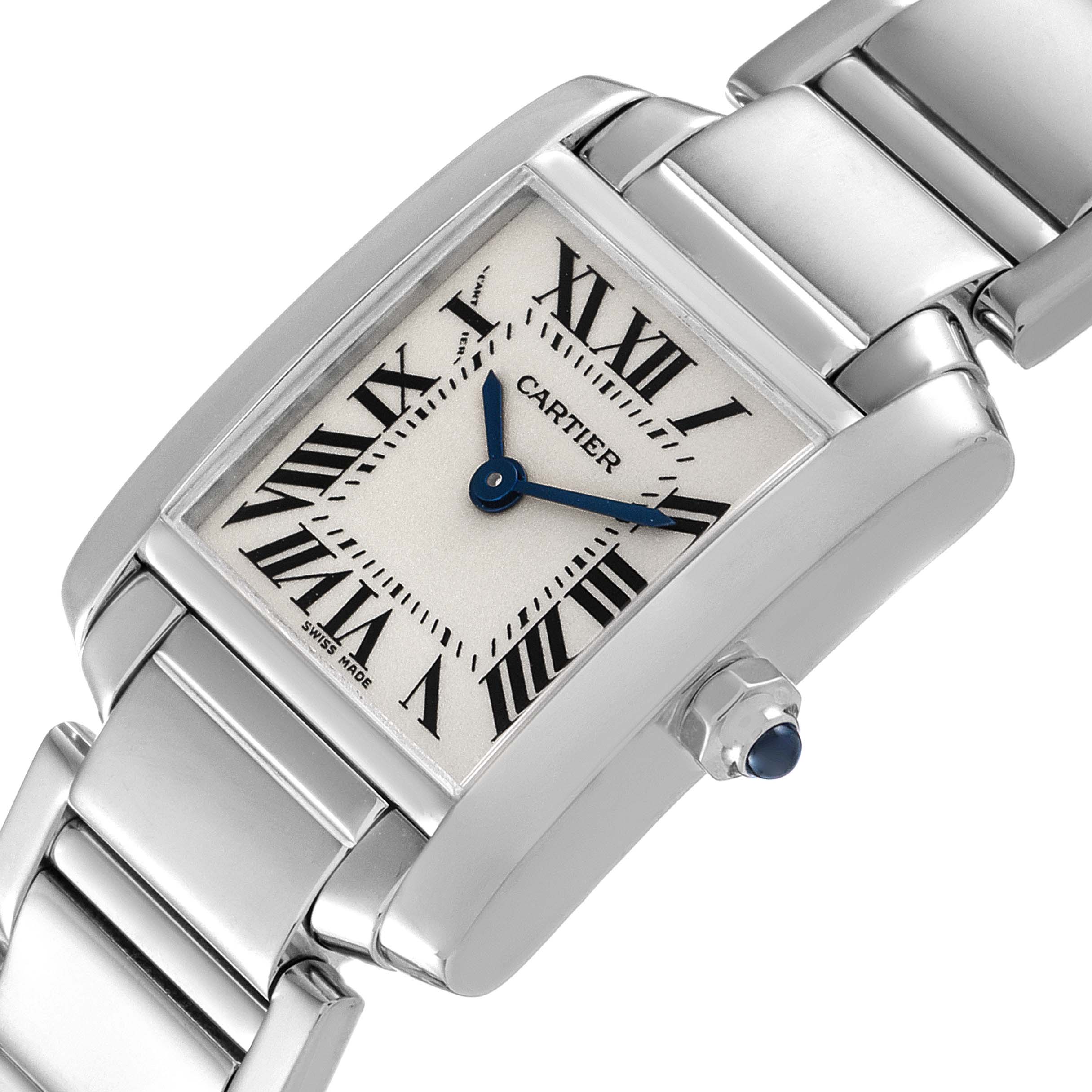 This image shows a close-up, angled view of the Cartier Tank Française watch, displaying the face, bezel, and part of the bracelet.
