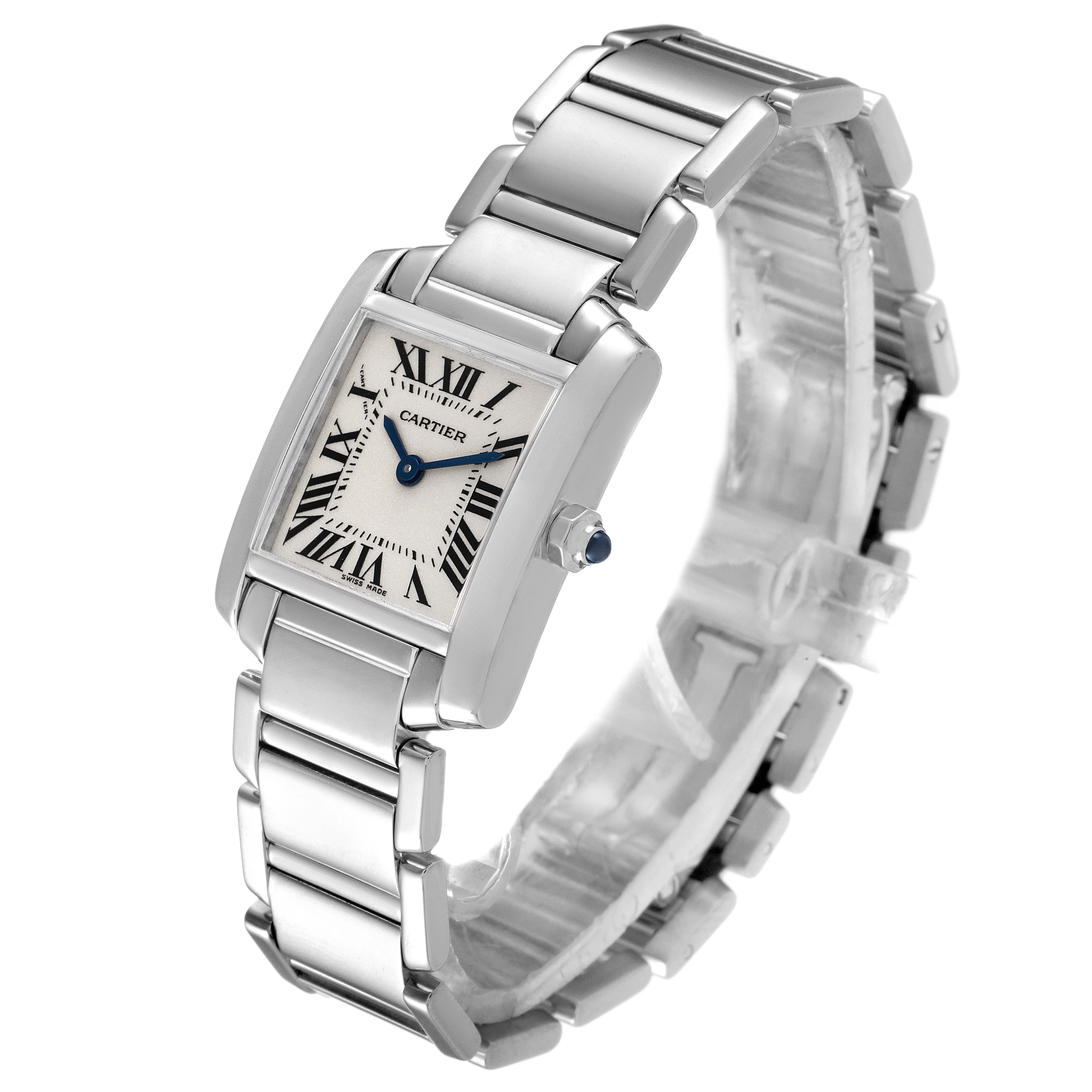 This image shows a Cartier Tank Francaise W50012S3 Women's White Gold Silver Dial W50012S3 Women's White Gold Silver Dial watch from an angled side view, highlighting its bracelet and rectangular dial.